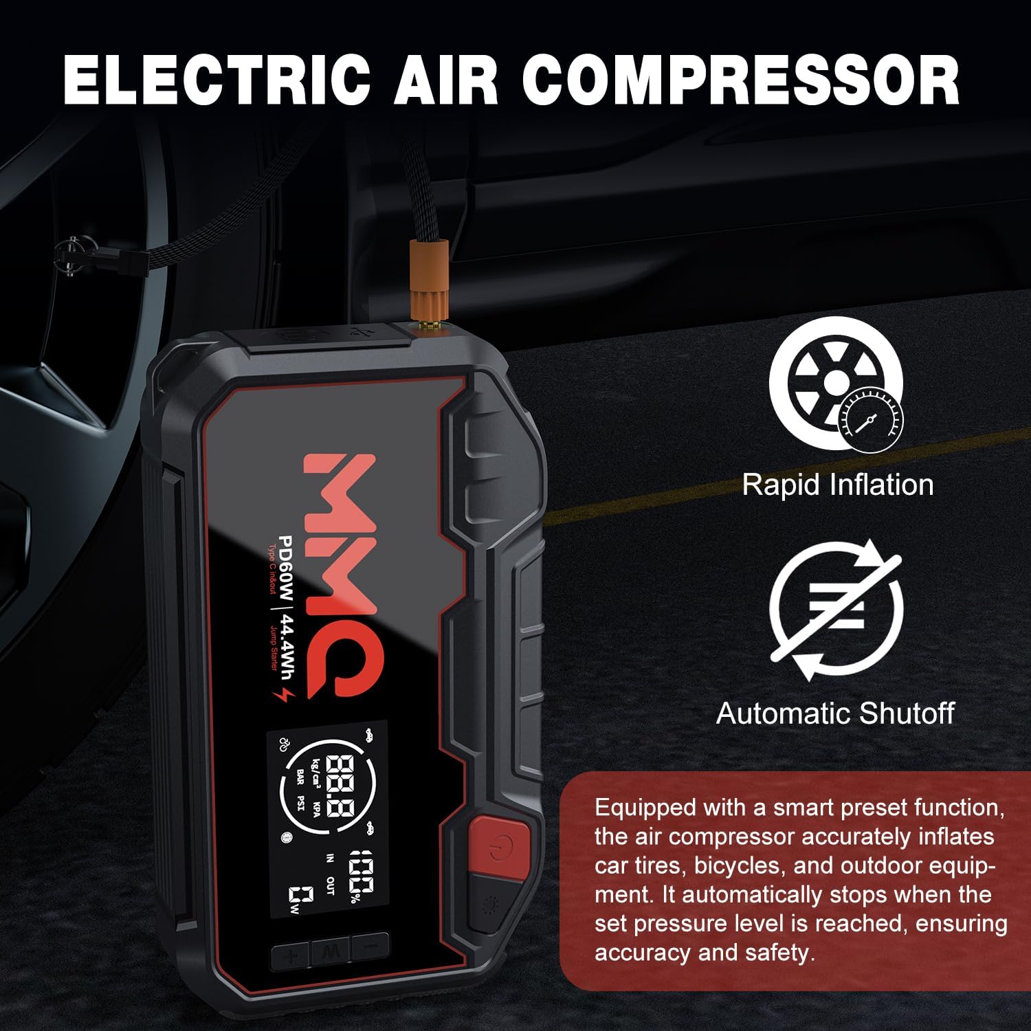 4-in-1 Multifunctional Jump Starter - 12000mAh Car Battery Charger, Power Bank, Air Compressor, LED Light - 2400A Peak Current (Without EV Zipper Bag)