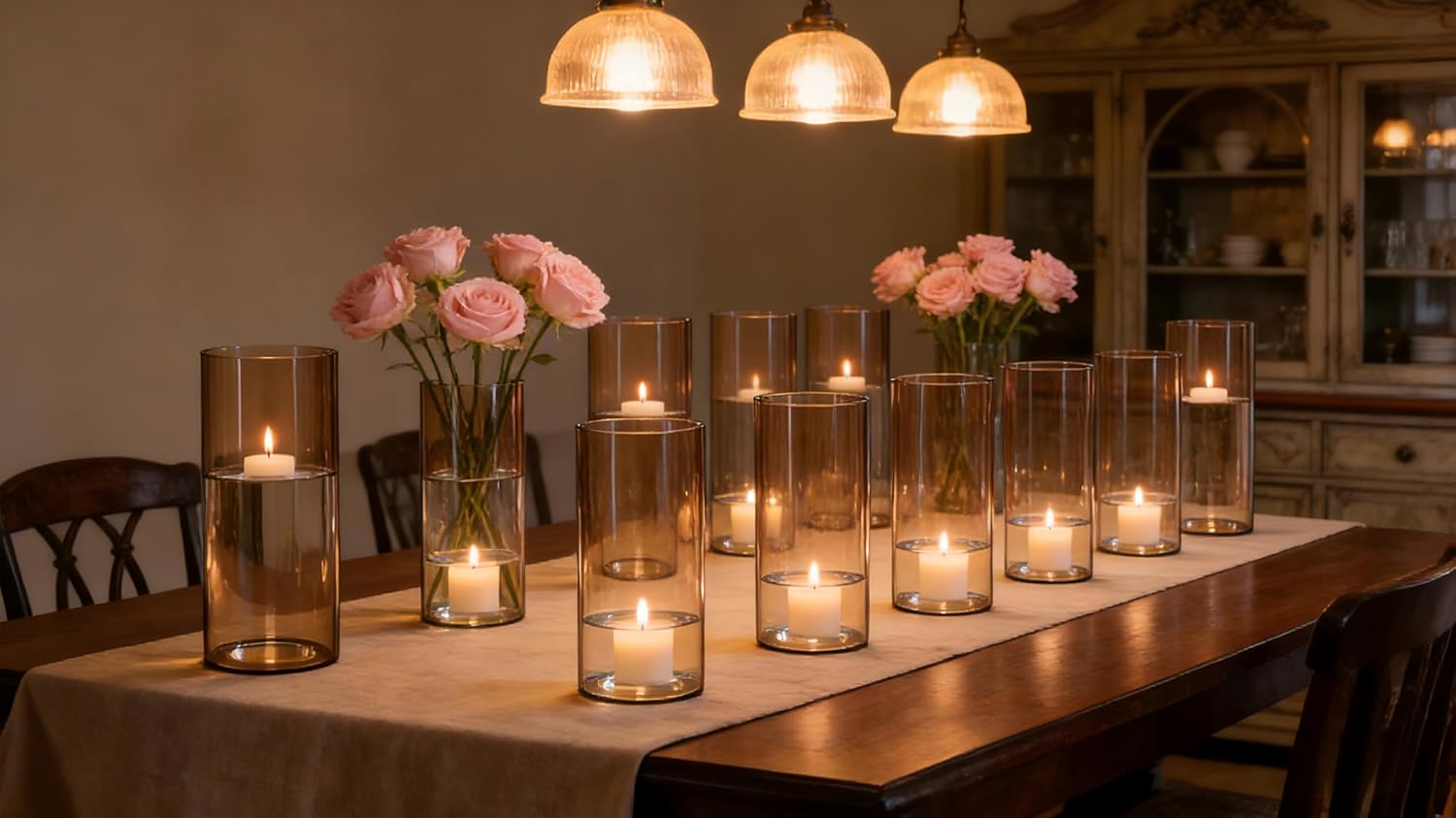 12pcs Amber Glass Cylinder Vases for Centerpieces, Gold 6 Inch Clear Flower Vases for Wedding Decorations and Indoor Home Decor, Hurricane Candle Holder for Table Shelf, Party