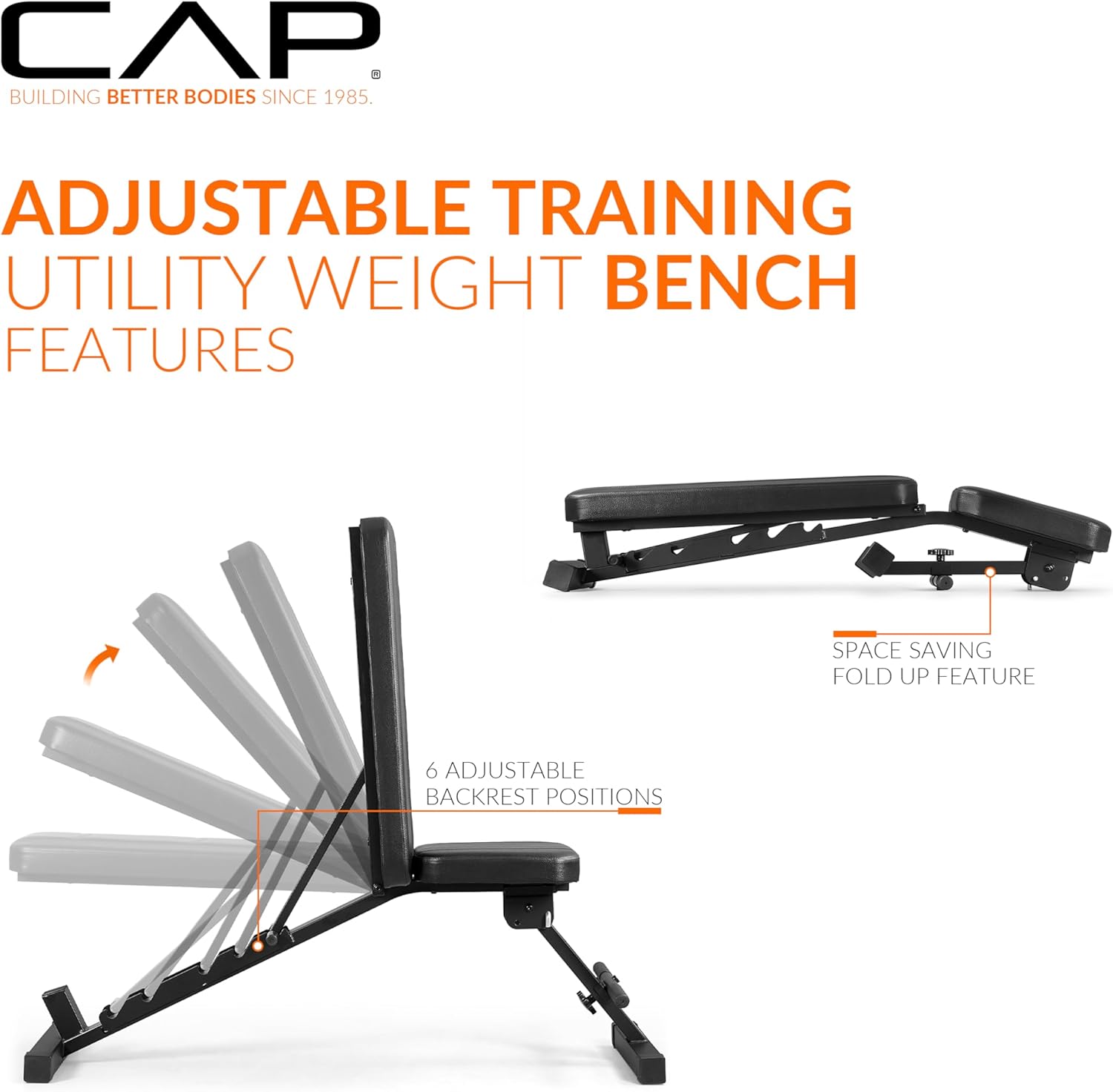 CAP Barbell Adjustable Training Utility Weight Bench | Foldable Multi-Position Incline/Flat Bench with 6 Backrest Settings, Thick Padding & 600 LB Capacity | Home Gym Workout Bench