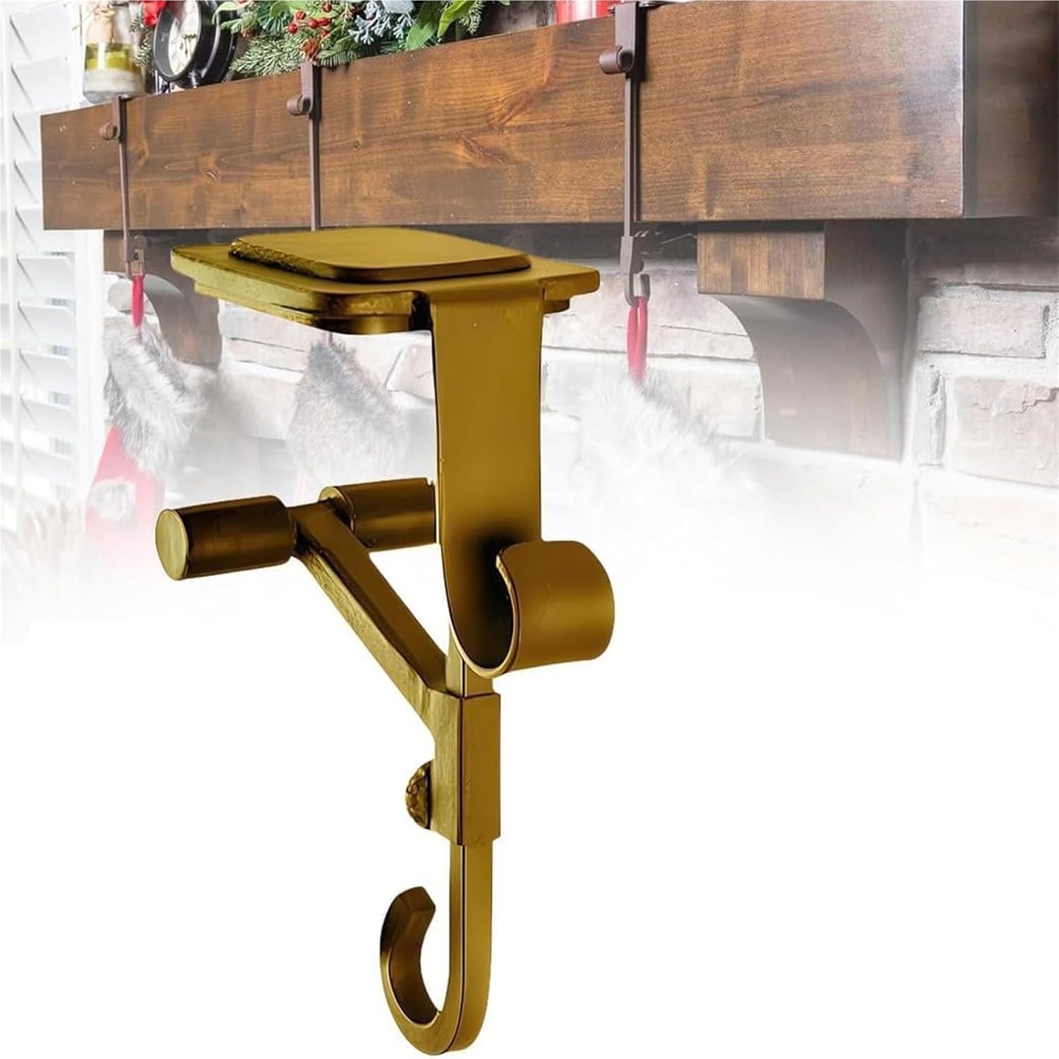 Fireplace Stocking and Garland Hanger,Adjustable Length Metal Hooks (5"- 8.5") with Non-Slip Pads,No Drill,Heavy Duty Adjustable Garland Hangers for Mantle(Gold1pcs)