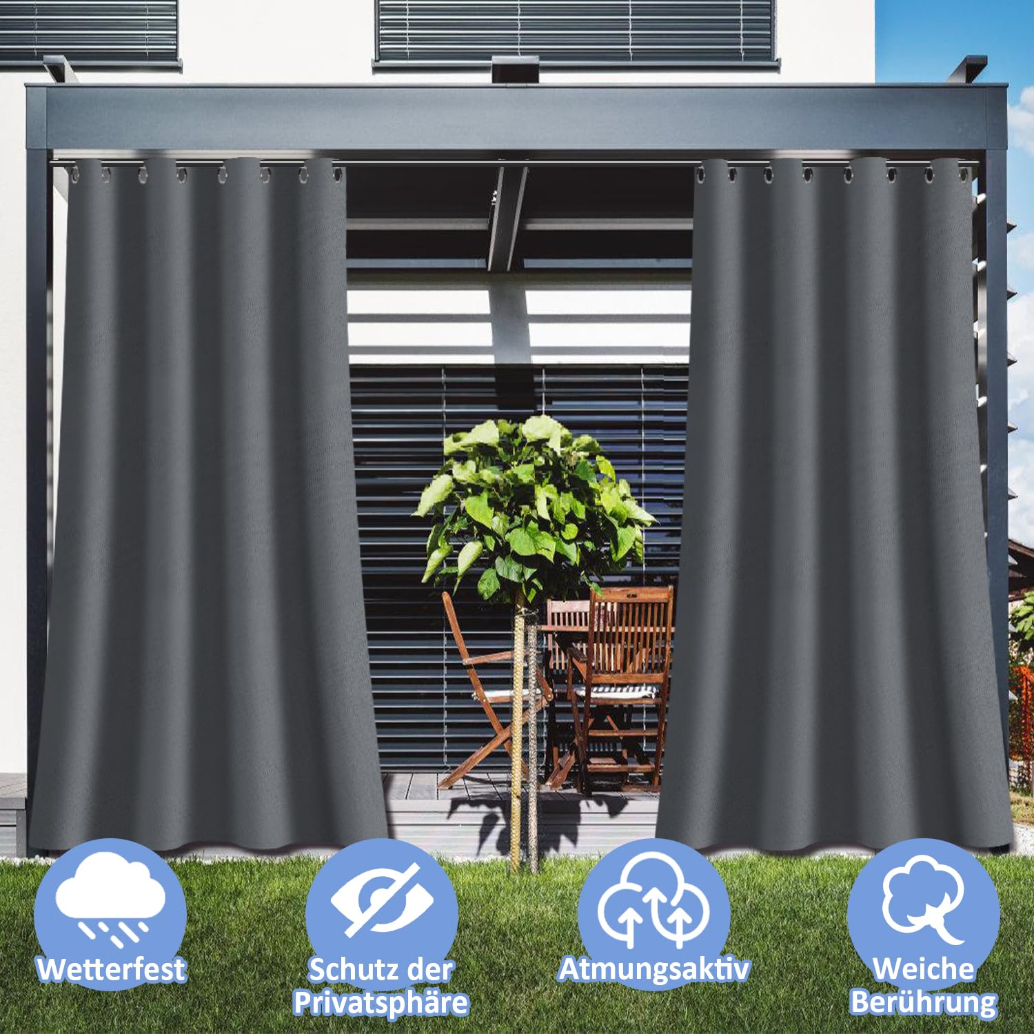 Fiqops Garden Outdoor Vorhang Wetterfest, Outdoorvorhänge mit Ösen(1.6 inch), Vorhang Sichtschutz Sonnenschutz für Terrasse, Balkon, Pavillon, Vorhang 213x254CM (HöhexBreite) Grau,2 Stück