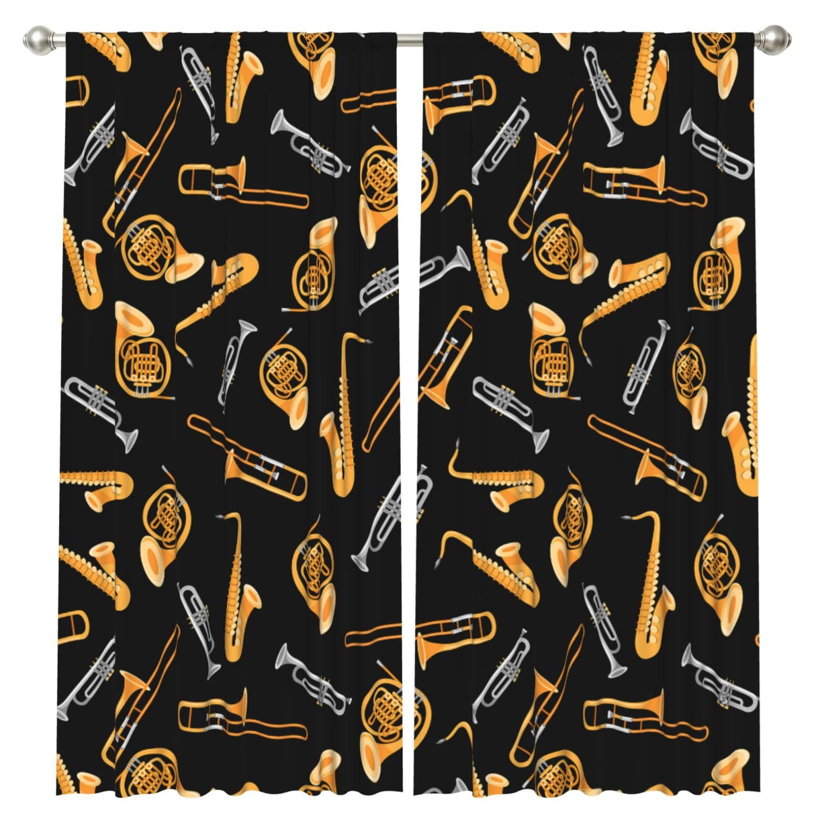 InOmak Saxophone Trombone Music Black, 2 Panels Window Curtains 52 x 84 Inch Blackout Curtains for Living Room Bedroom