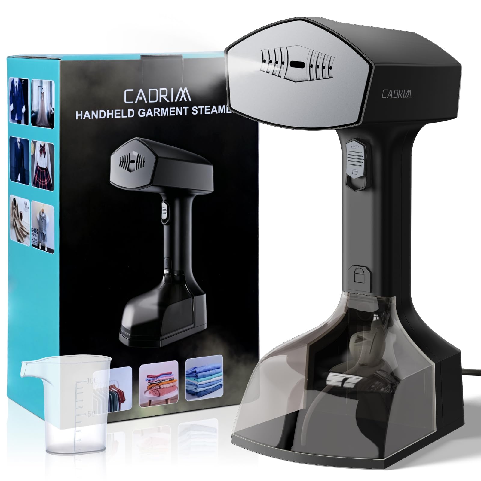 Cadrim Steamer - Piastra a vapore, 1800 W, potente 2 in 1, ferro da stiro a vapore portatile da 350 ml, potenza vapore 45 g/min, 3 livelli di vapore, vaporizzatore da viaggio per casa, ufficio (nero)