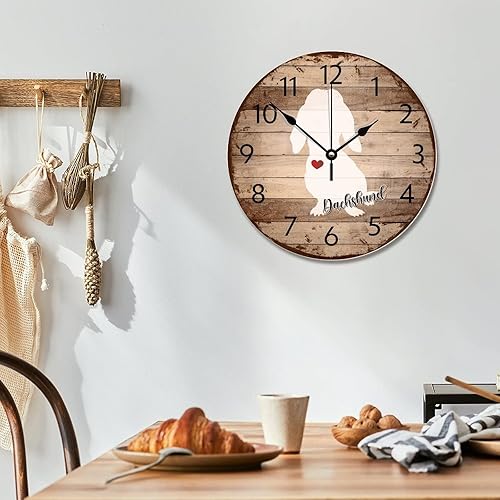 Miniatura 5 de Reloj de pared de perro salchicha vintage, reloj de pared de madera envejecida, funciona con pilas, 10 pulgadas, silueta silenciosa de perro, reloj