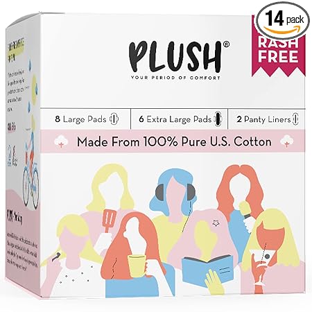 Plush 100% Pure U.S. Cotton 14 Sanitary Pads for Women | 8 Light Flow Pads (L) 6 Heavy Flow (XL) & 2 Panty Liners | Ultra-Thin, Rash Free | For All Skin Type | Vegan