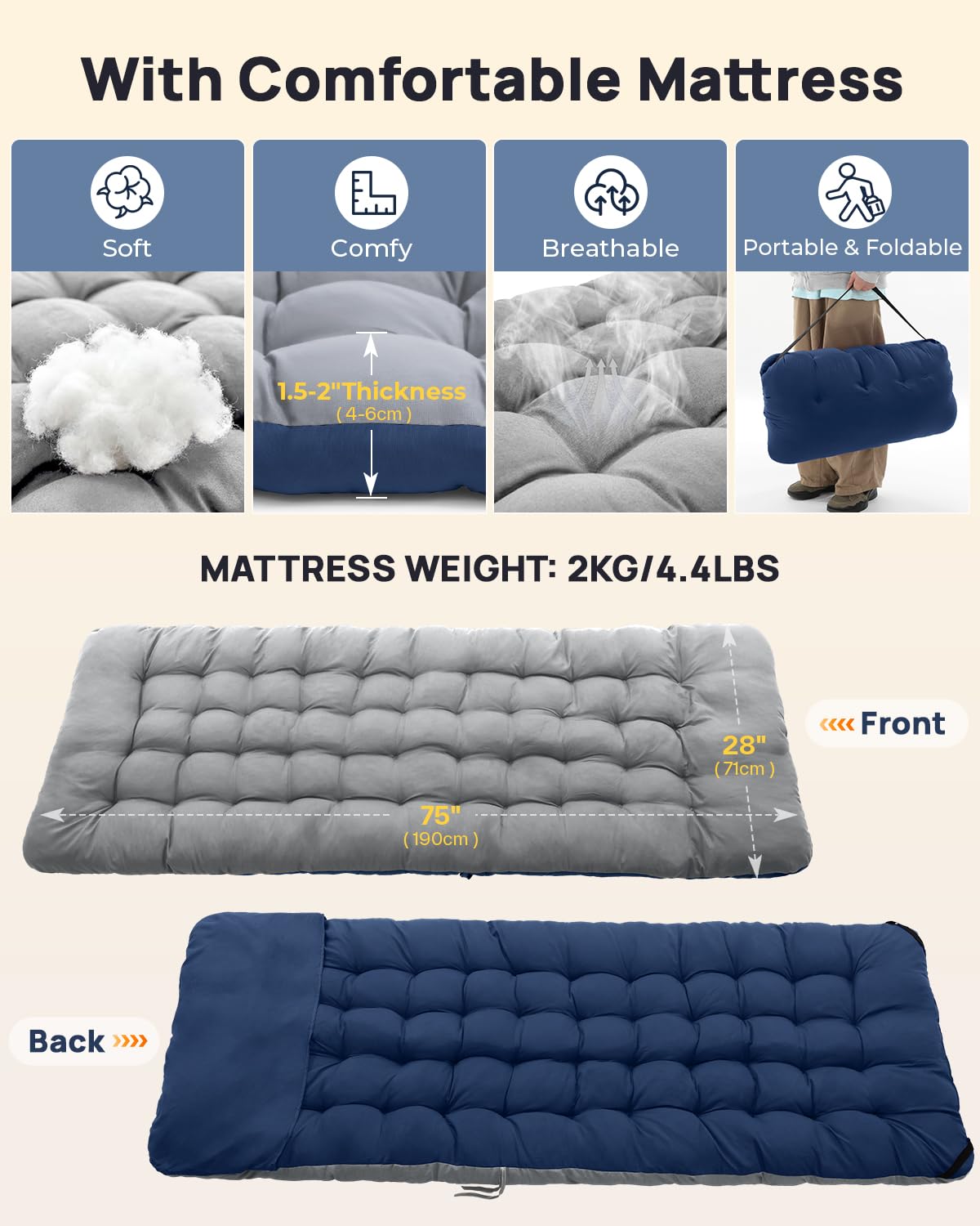 Sportneer Culla da Campeggio Portatile con Materasso, Lettino Pieghevole per Adulti 188 x 71 x 35 cm Pesante Pieghevole con Imbottitura per Tenda da Campeggio, Ufficio