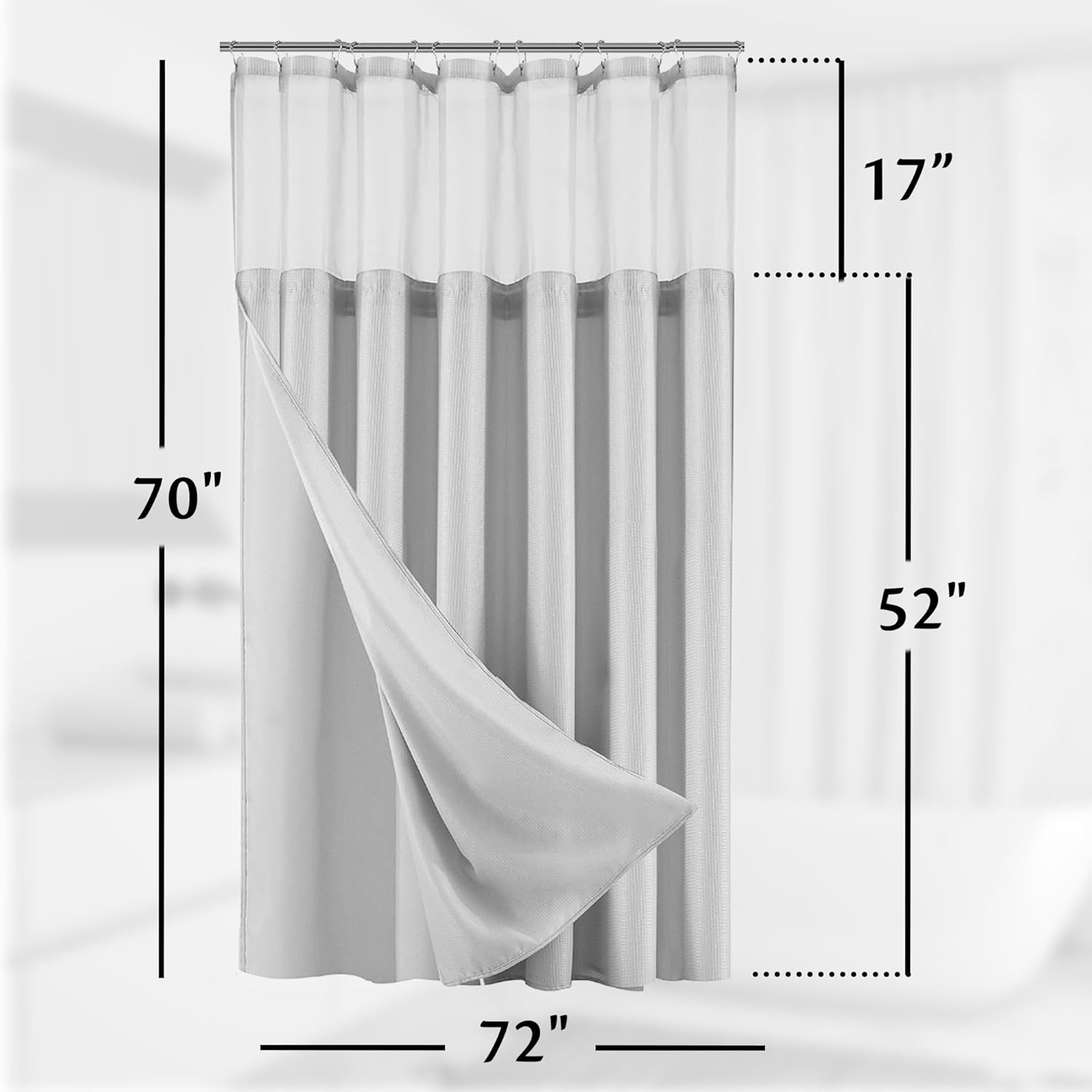 Waffle Weave Shower Curtain with Fabric Snap in Liner Set with Mesh See Through Top Hotel Quality White Shower Curtain Bathroom Curtain Shower Curtain Set 70 X 72 Inch Long Shower Curtain in Silver