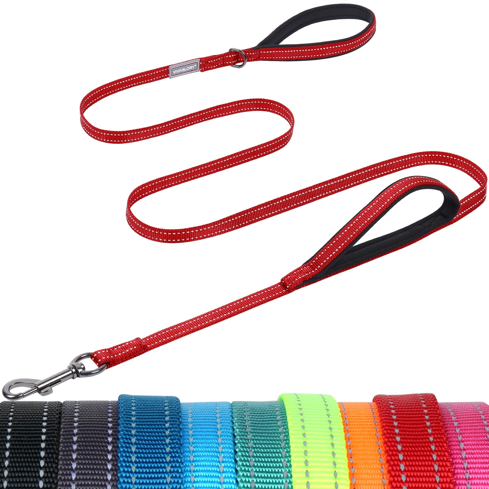 VIVAGLORY Correa de perro con asa de tráfico, correa suave de dos asas acolchadas, fuerte reflectante y gancho de metal, correa de entrenamiento para mascotas pequeñas y medianas, color rojo