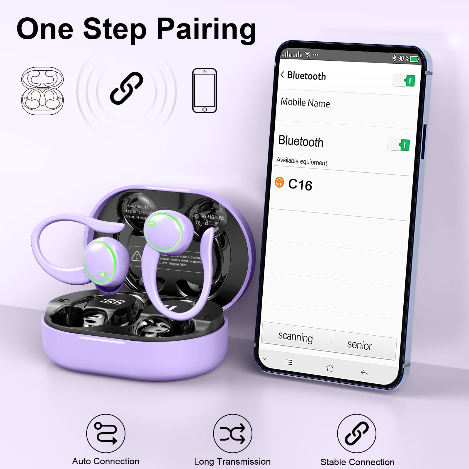 Matast Auricolari wireless, Bluetooth 5.4, 50 ore di riproduzione, cuffie stereo con cancellazione del rumore con 4 microfoni ENC, auricolari sportivi, auricolari impermeabili IPX7, per sport e corsa