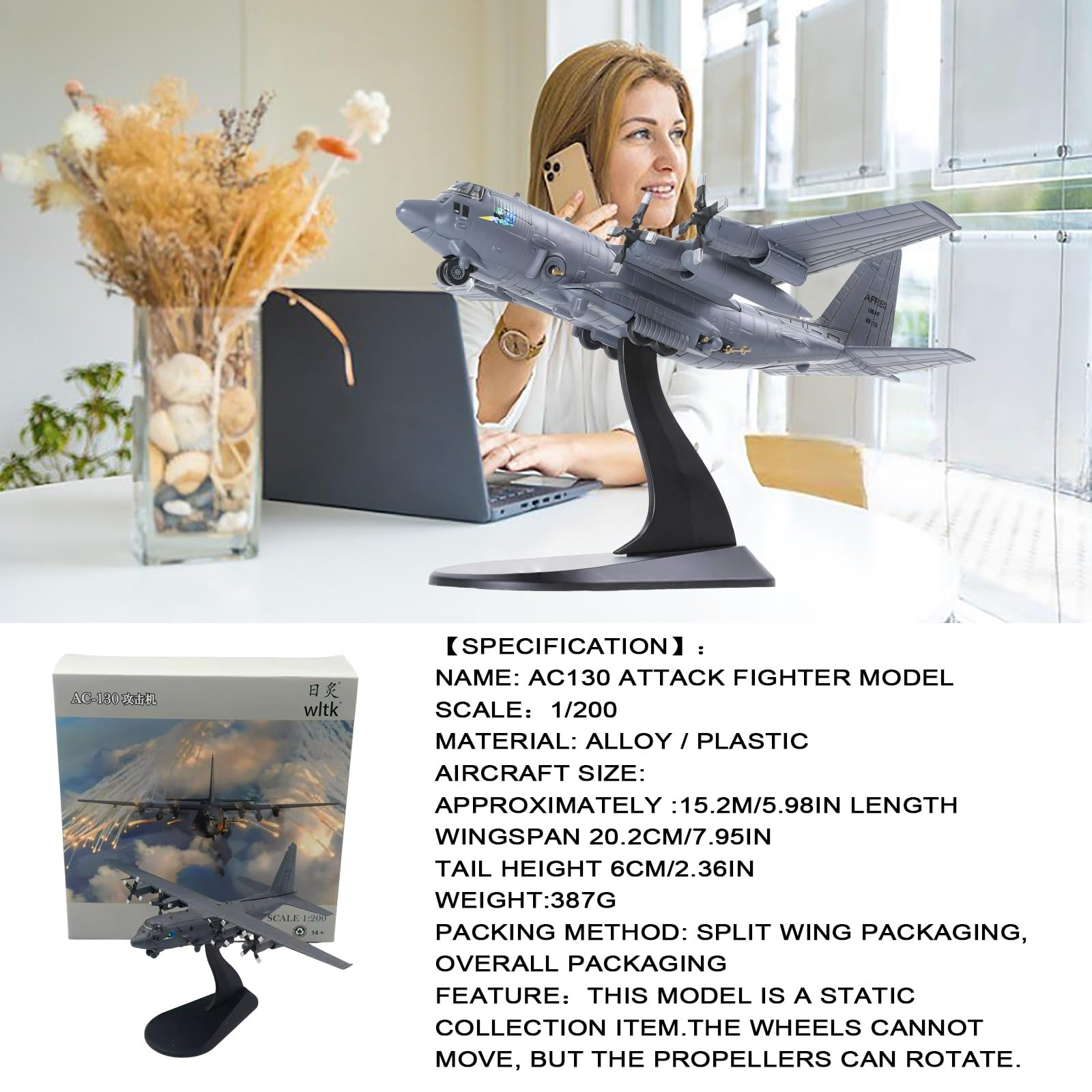 Modello aereo combattimento militare AC130 in scala 1:200, pressofuso, con eliche rotanti metallo, espositore for aereo, regalo collezione for adulti, decorazione for ufficio