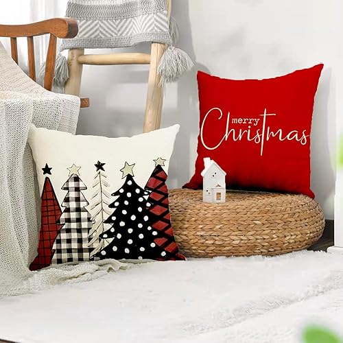 Miniatura 5 de Juego de 2 fundas de almohada de 18 x 18 pulgadas con diseño de árboles de Navidad rojos, lavables a máquina, suaves, para el hogar, sala de estar,