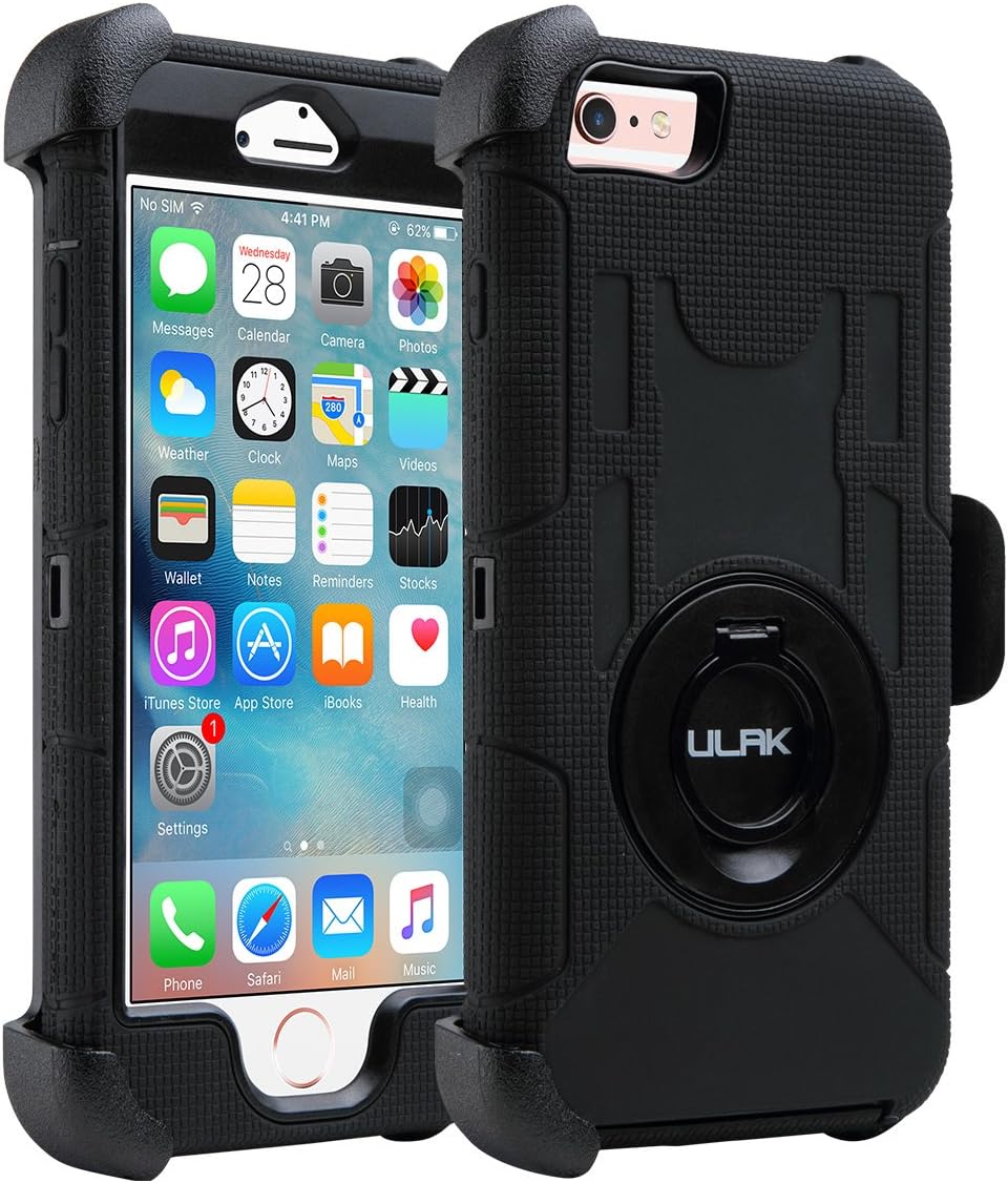 iPhone 6S Plus Case [5.5 inch], ULAK Heavy Duty [Dual Layer] Shockproof Protective Grip Case for Apple iPhone 6 Plus (2014)/6s Plus (2015) with Swivel Belt Clip Holster and Kickstand-[Black]