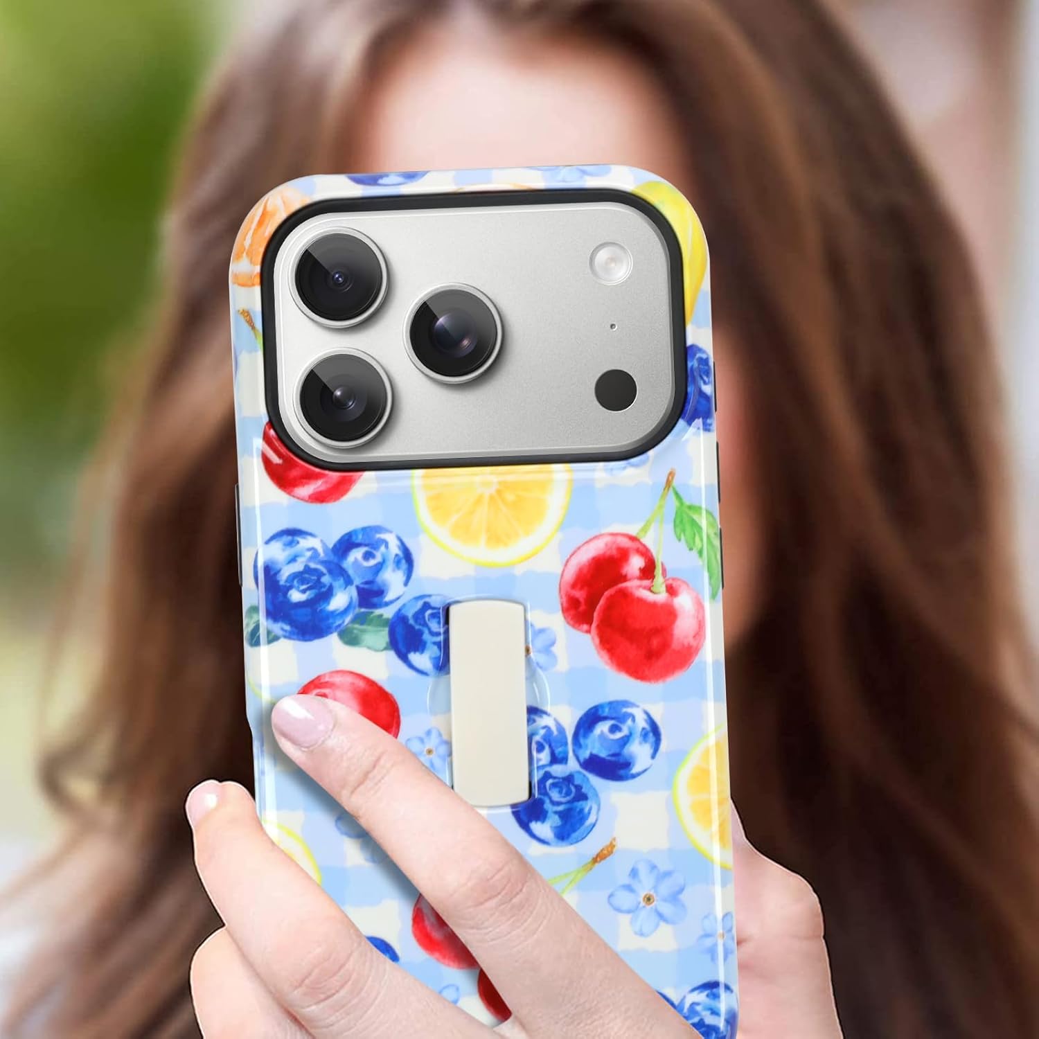 Compatible with iPhone 17 Pro Max Case, Cute Glossy Checkered Fruit Design, Built in Adjustable Wrist Strap Grip Hand Holder Stand Kickstand Shockproof Hard Cover (Blue)