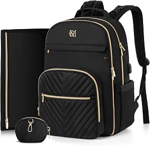MOMUVO Diaper Bag Backpack, Quilted Baby Bag with Changing Pad and Stroller Straps, Black, Large, Modern
