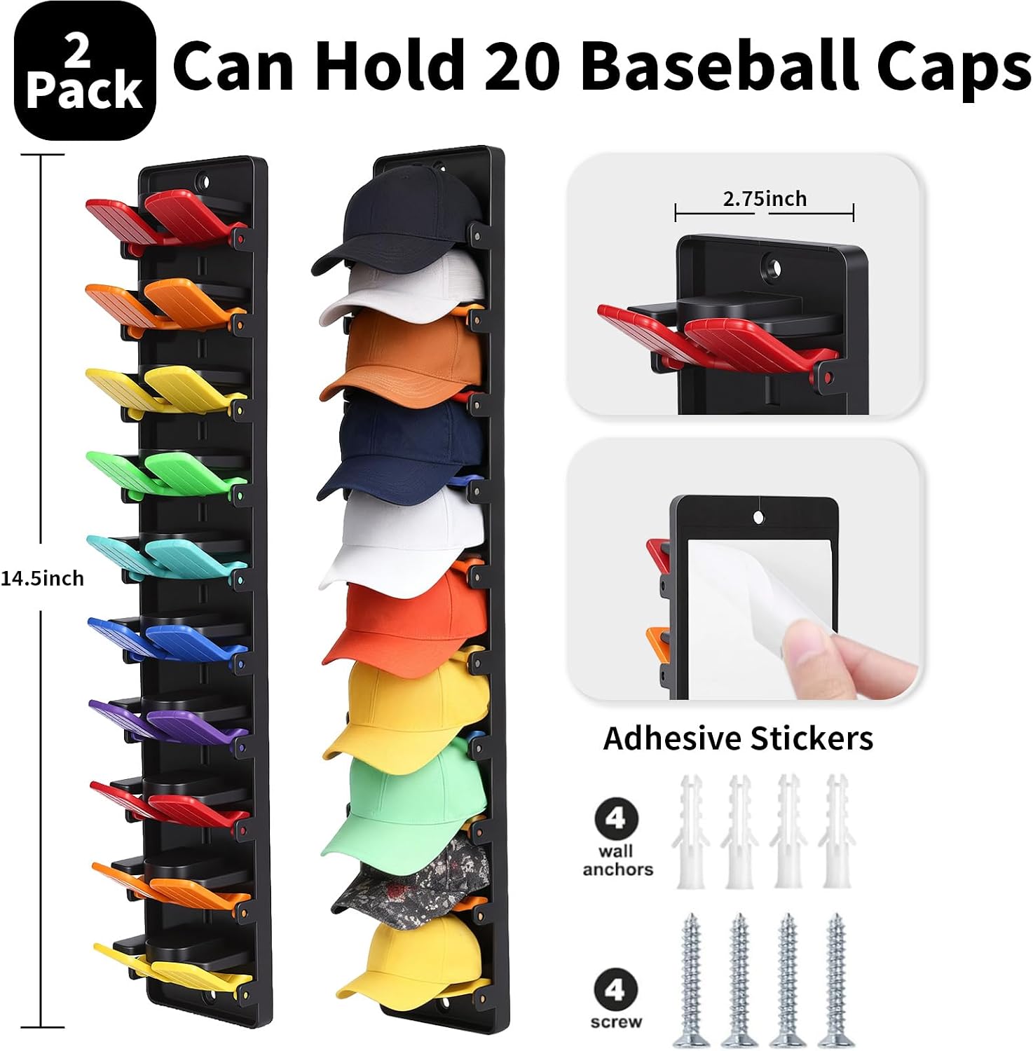 2-Pack Hat Rack for Wall, No-Drill Adhesive Baseball Cap Organizer with 20 Spring-Loaded Clips, Damage-Free Hat Holder for Closet Door Entryway, Screw Option Included, Space-Saving Hat Display Stand