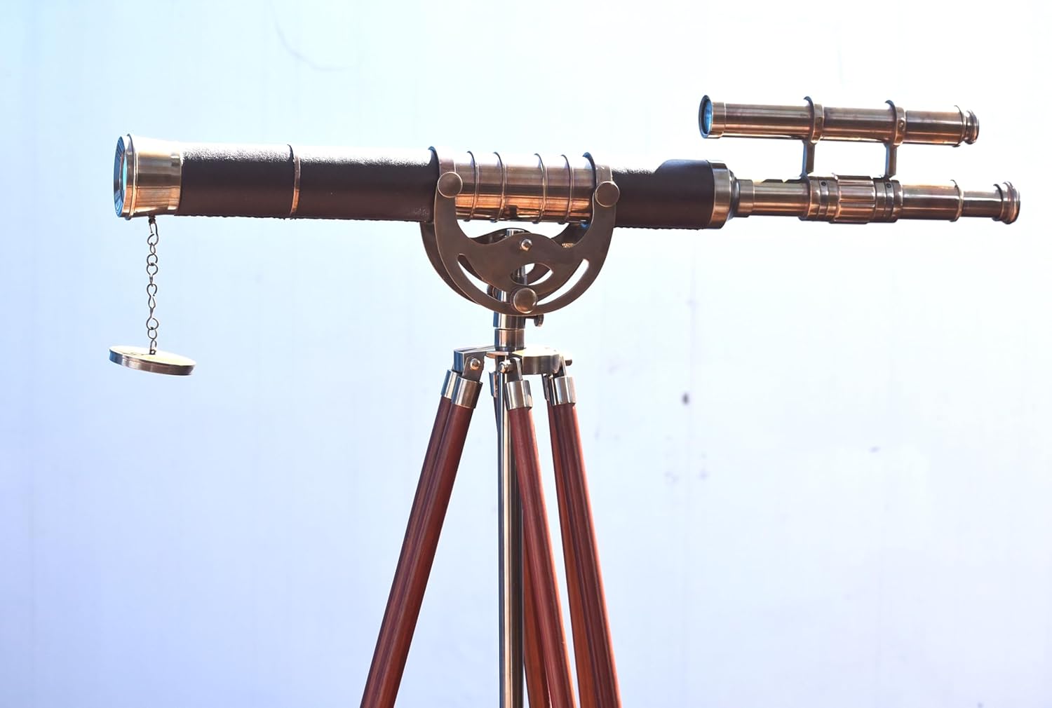 Antique Double Barrel Telescope | Vintage Brass Telescope Wrapped Brown Leather with Wooden Stand | Ideal for Nautical Decor, Home Accent and Gift