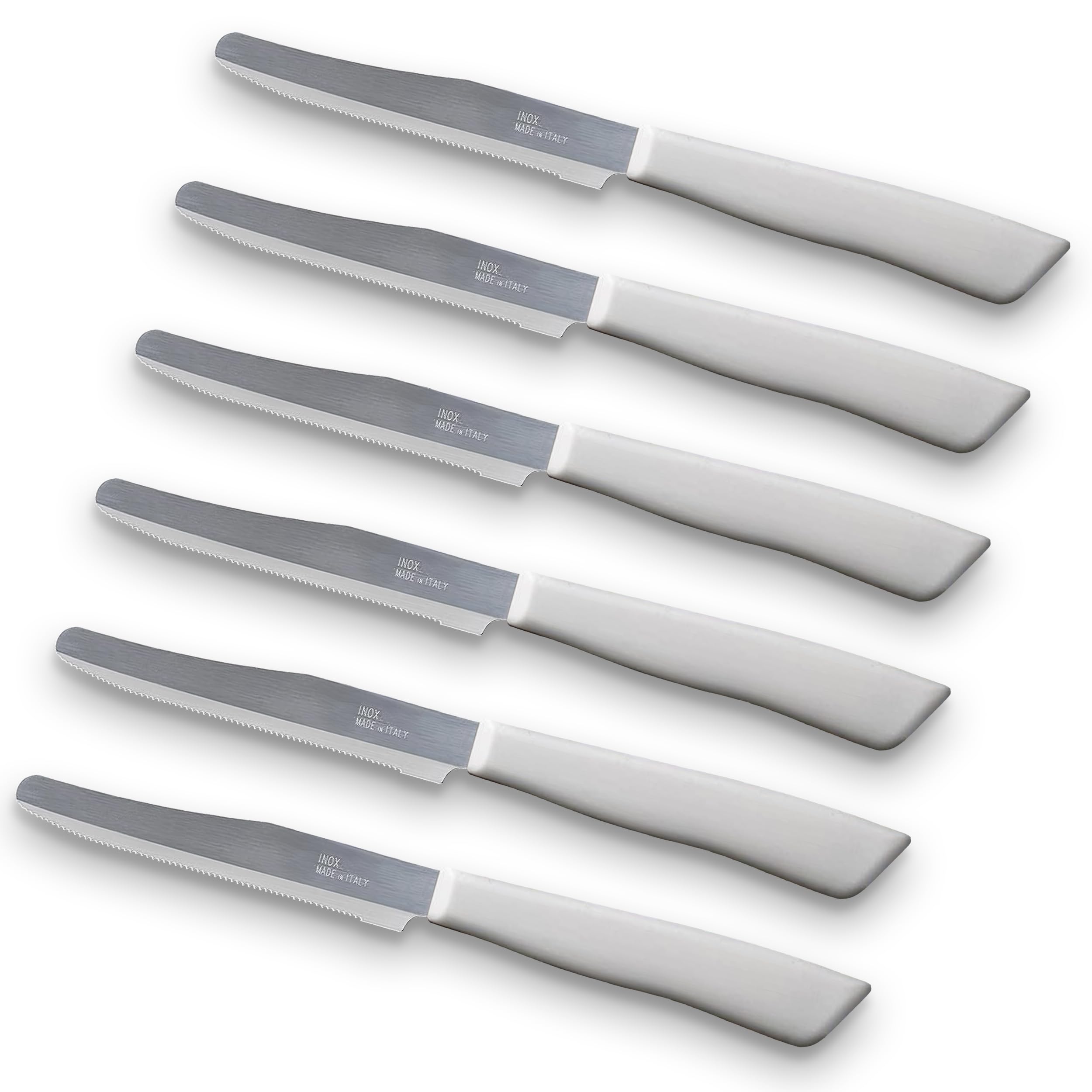 6 kitchen Knives - 4.3"/11cm Italian Stainless Steel Serrated Vegetable/Steak/Table Knife Cutlery, Rounded Tip (White)