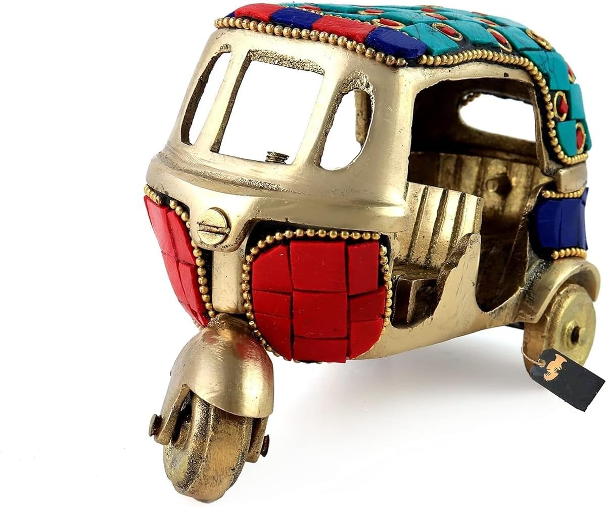 Gemstone Work Vintage Style Brass Auto Rickshaw Miniature, Brass Decor Showpiece (4.5 x 2.4 x 3 Inches, Multicolored)