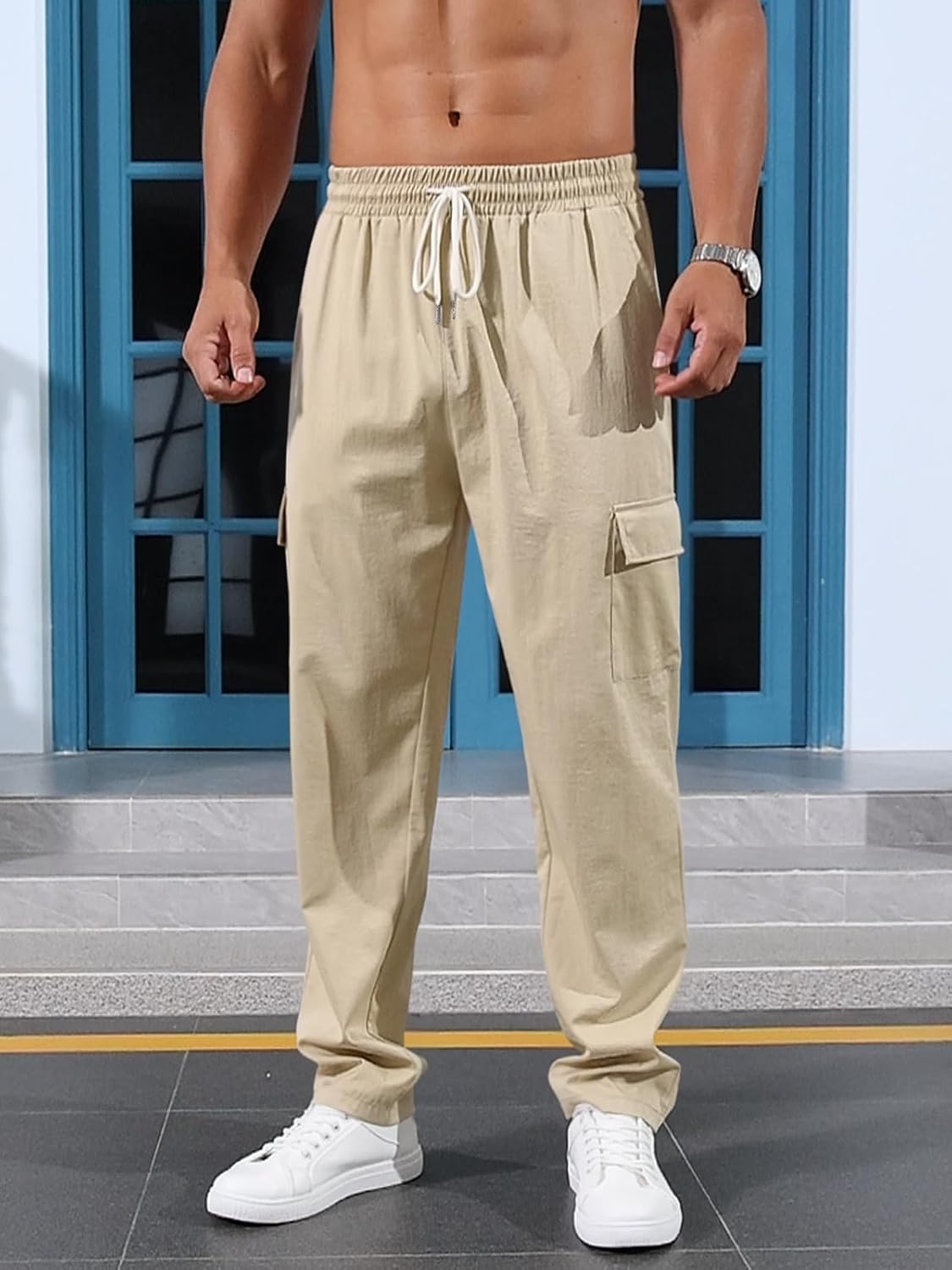 Mens Casual Cargo Pants Summer Vacation Lightweight Drawstring Pants Elastic Waist Beach Yoga Trousers with Pockets - Image 2