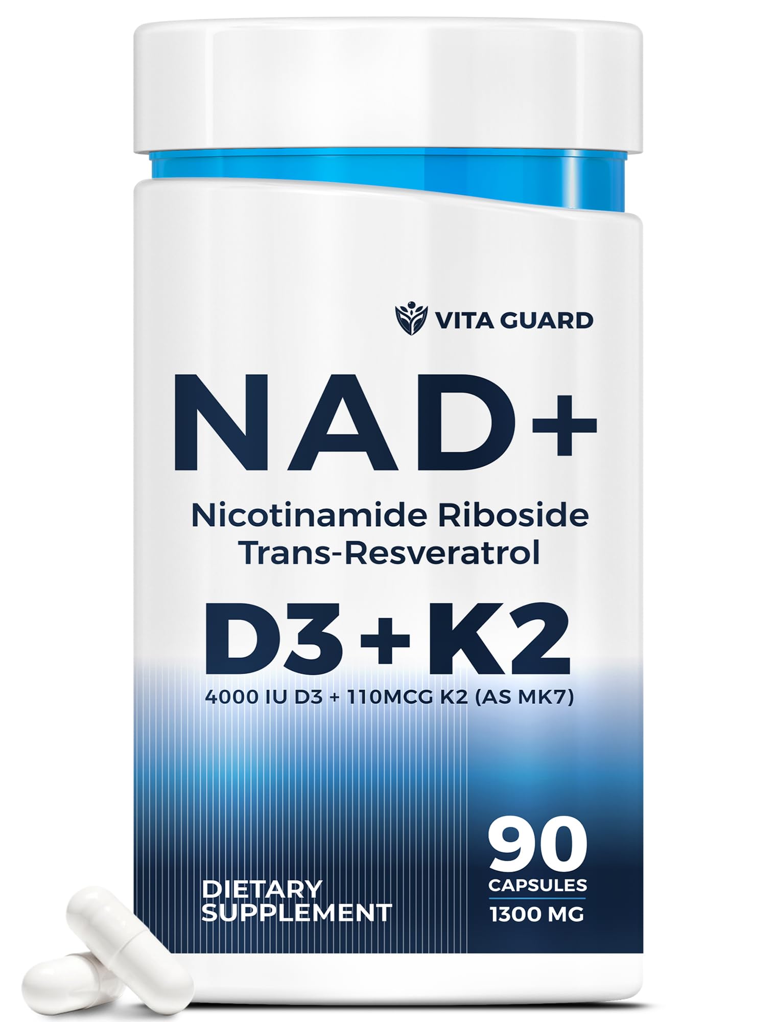 Anti-Aging Energy NAD Supplement – NMN Alternative with Nicotinamide Riboside 1000mg, Trans-Resveratrol 300mg, Vitamin D3 4000 IU and K2 110 mcg MK7 – Vegetarian 60 Capsules, 1300mg