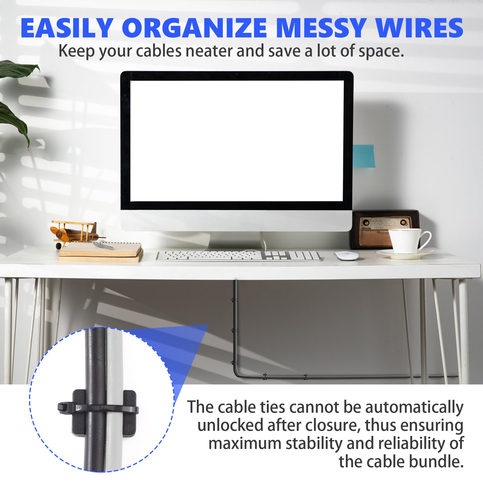 100 Attaches Câbles Wonvify 200mm + Embases Et Vis - Nylon Autobloquant Pour Organisation