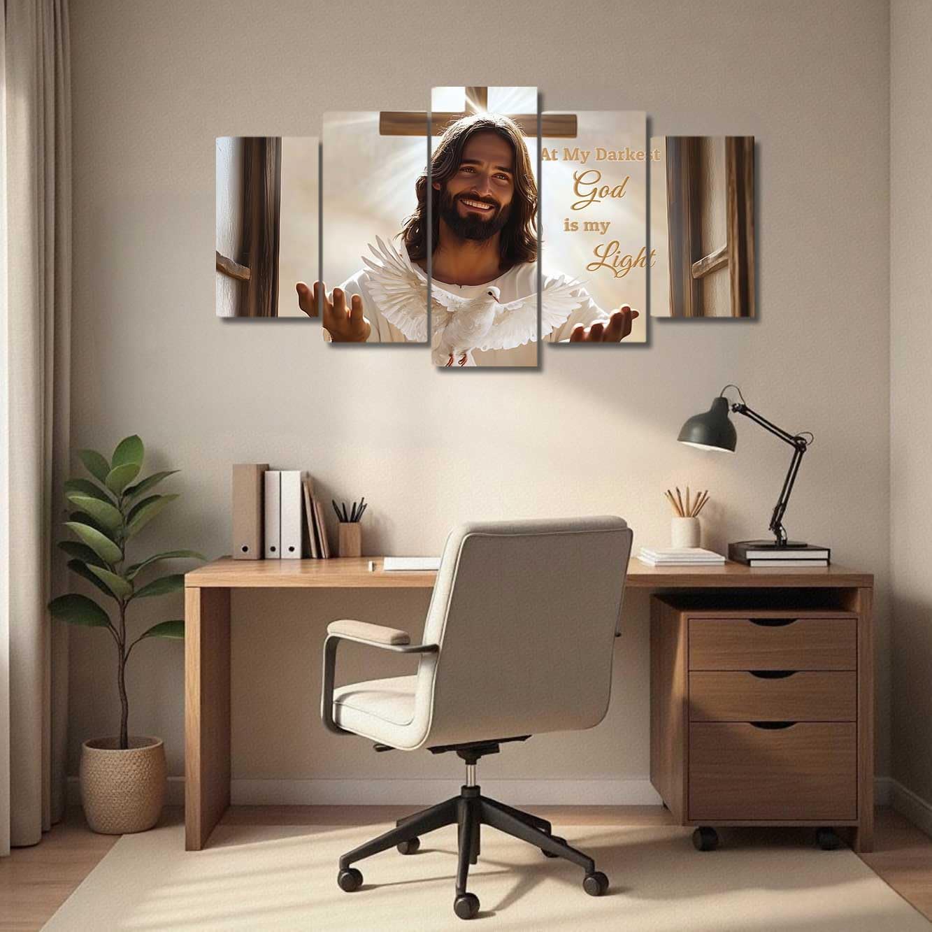 BJYCHG 5Pcs Jesus Canvas Wall Art Christian Cross Pictures Dove of Peace Religious Faith Poster Prints God Inspiring Paintings Large Home Decor Framed (White, (8x14inx2 8x18inx2 8x22inx1))