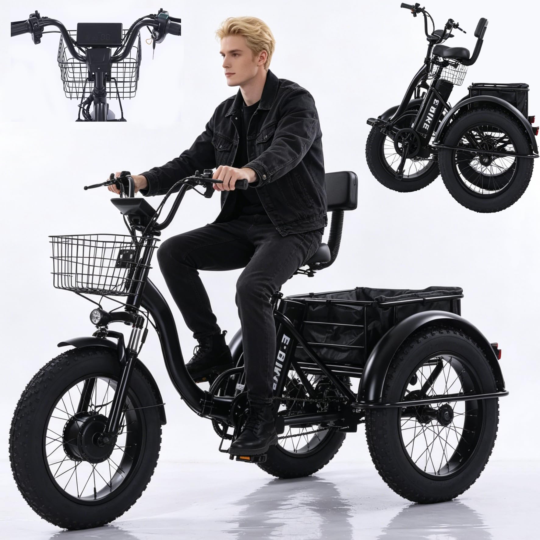 Triciclo elettrico per adulti, pieghevole, pneumatici Anchos 20" X4.0, batteria 48V 12Ah, autonomia massima 40 km, carico massimo 140 kg, 7 velocità, ideale per grandi e trasporti