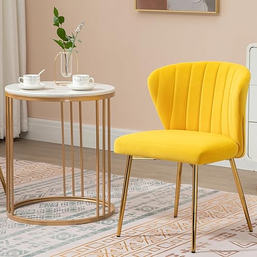 Miniatura 8 de Juego de 2 sillas de comedor de terciopelo, modernas sillas tapizadas con patas de metal dorado para comedor, cocina, tocador y patio (amarillo)