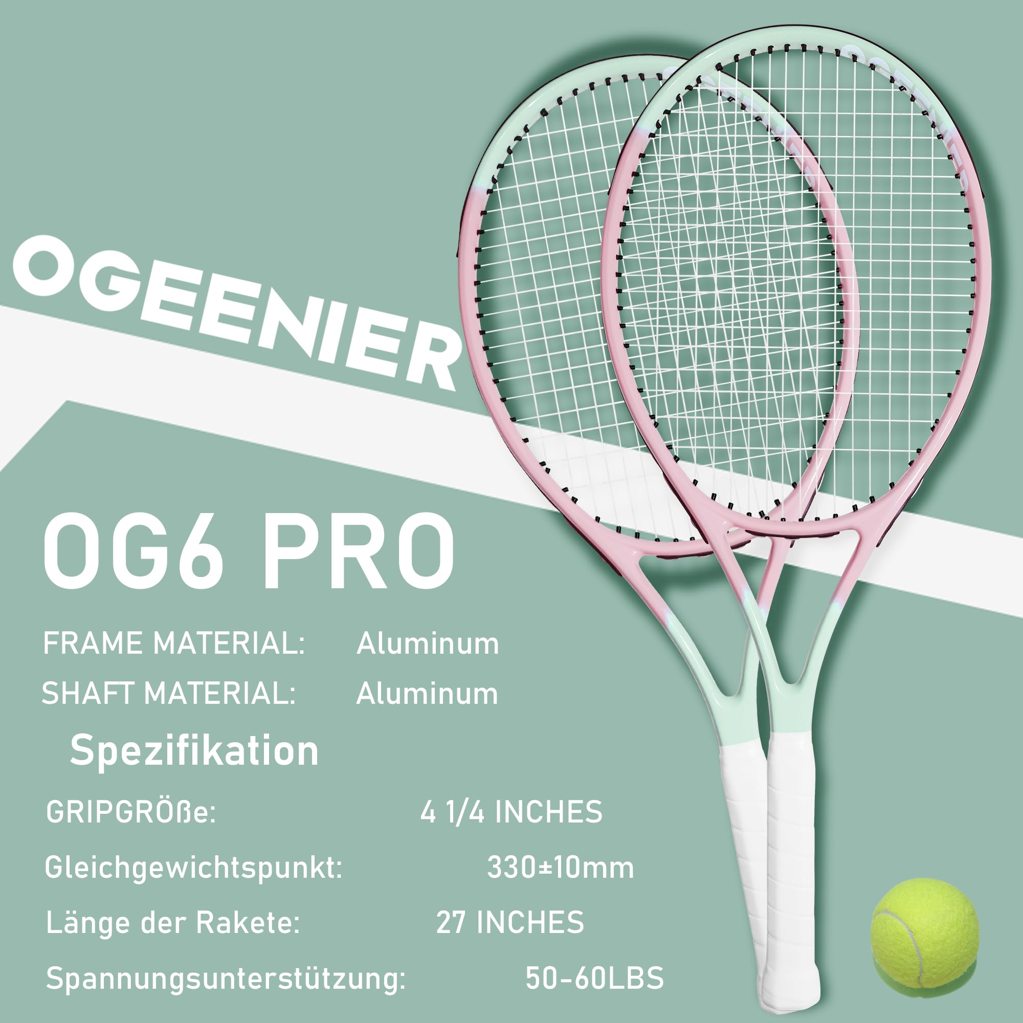OGEENIER 27 Zoll 2 Player Tennisschläger Racket Set für Erwachsene Tennisschläger Damen Herren, für Anfänger mit 2 Griffband und 3 Bällen und 2 Tennis-Vibrationsdämpfer 1 Tennis Tasche