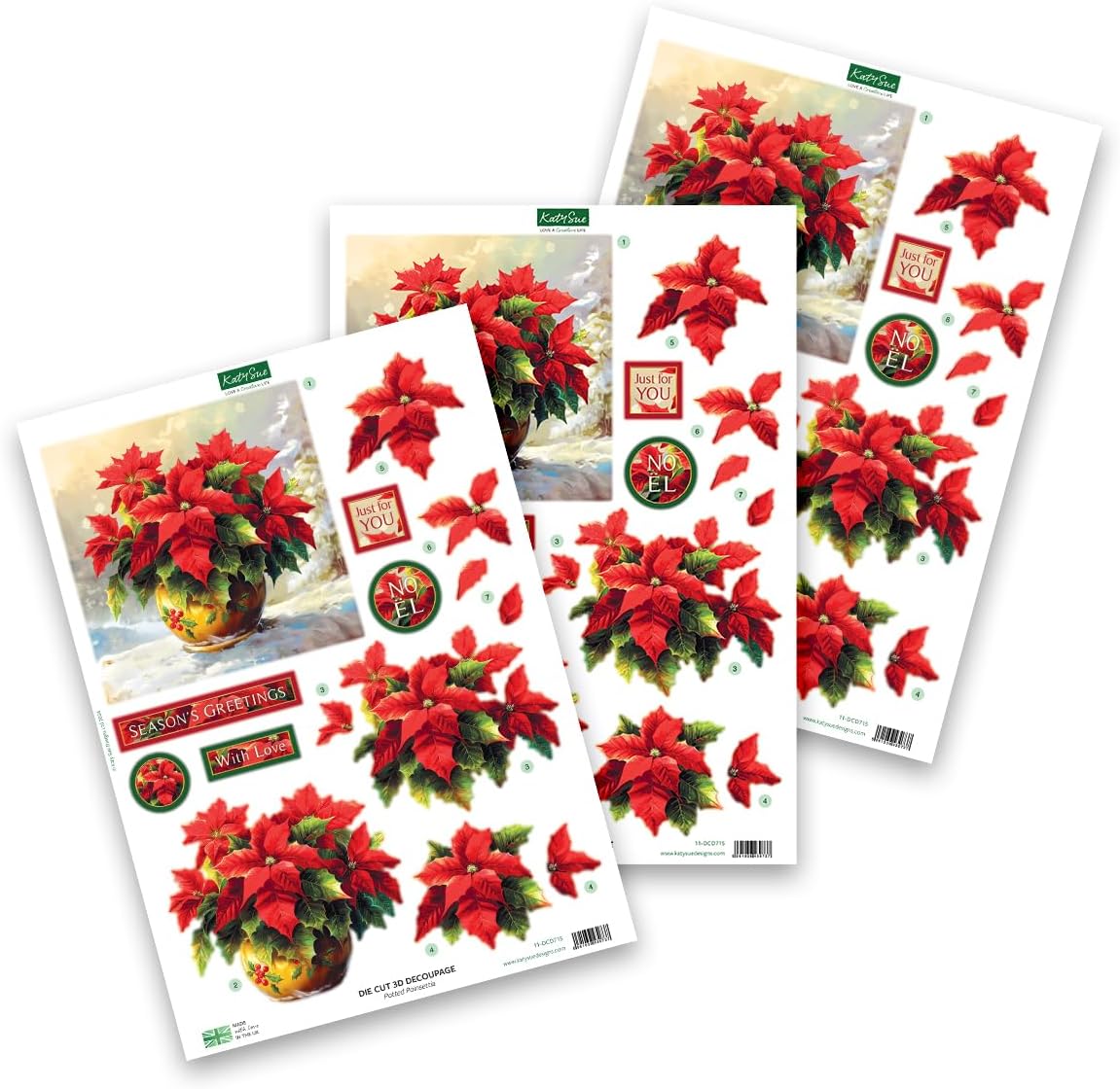 Katy Sue Joyful Christmas 3D Die-Cut Decoupage Pack. 24 Pre-Cut Festive Die Cut Decoupage Paper Sheets for Christmas Card Making Supplies Featuring 8 Different Designs