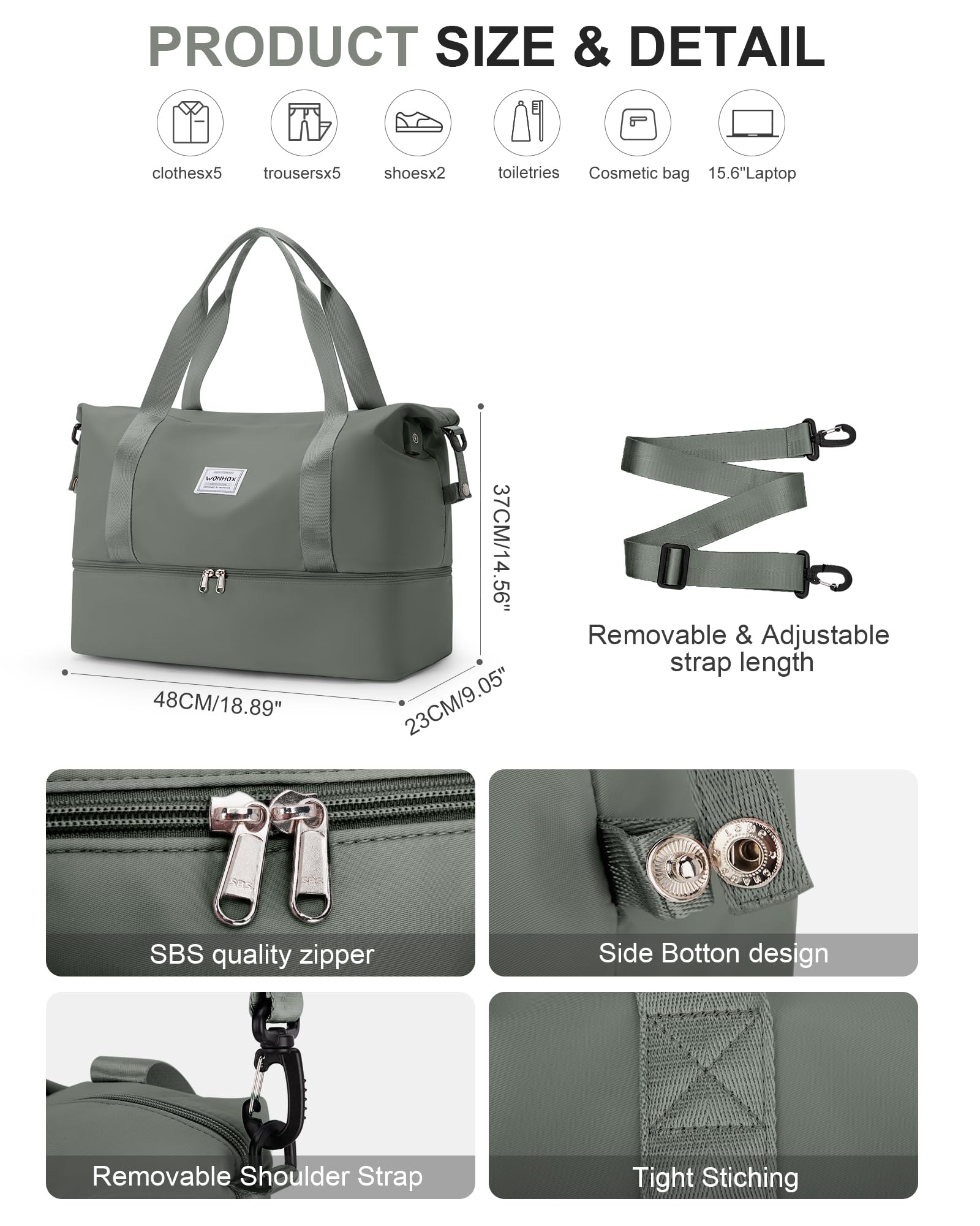 Borsone da Viaggio Donna, Bagaglio a Mano Borsa da Viaggio con Scomparto per le Scarpe, Borsa Sportiva Borsone da Palestra Grande, Borsa da Weekend, Borsa per Ospedale,I5-Verde scuro