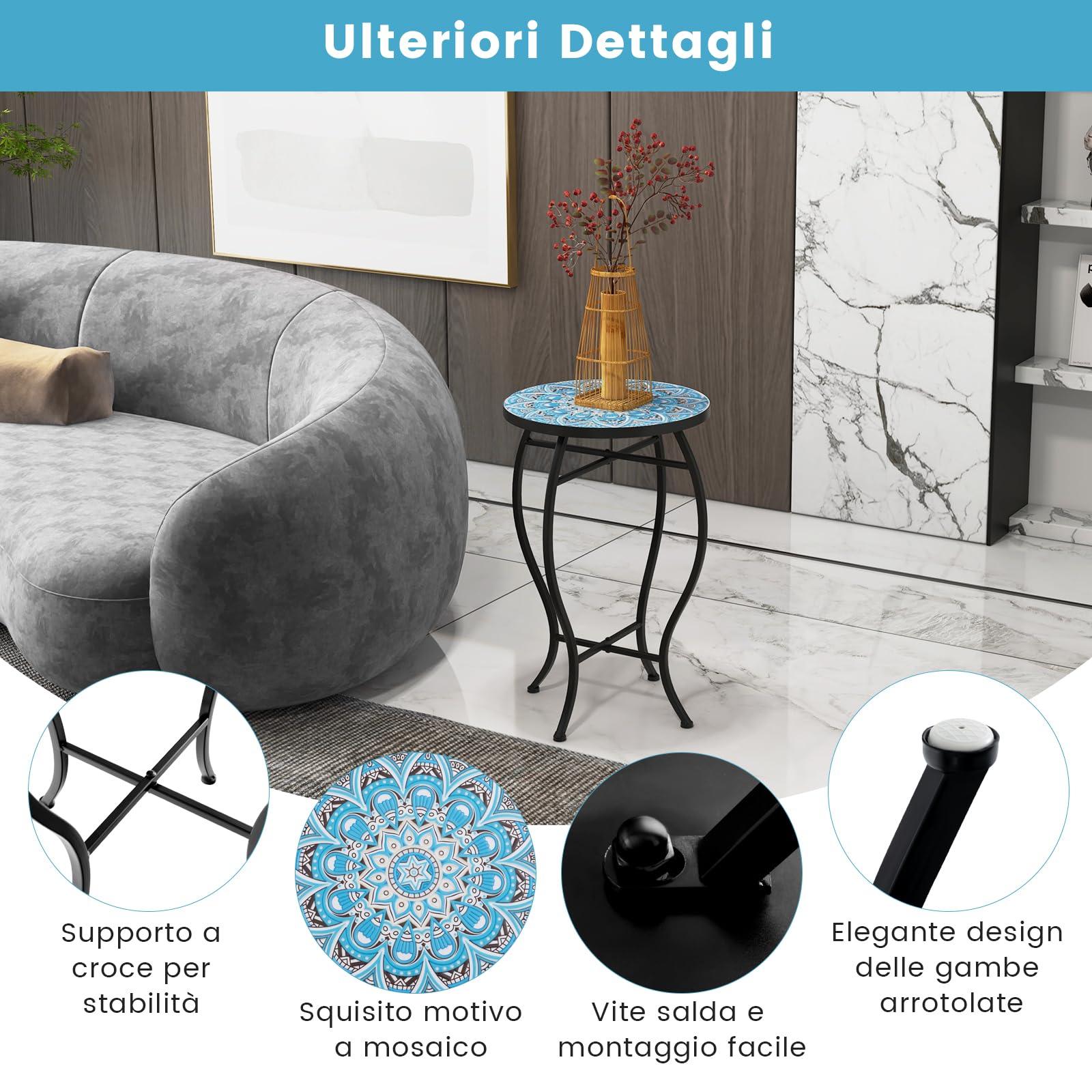 COSTWAY Tavolino Porta Fiori con Piastrelle di Ceramica e Gambe in Metallo | Tavolino Porta Piante da Esterno ed Interno per Balcone, Giardino e Salotto