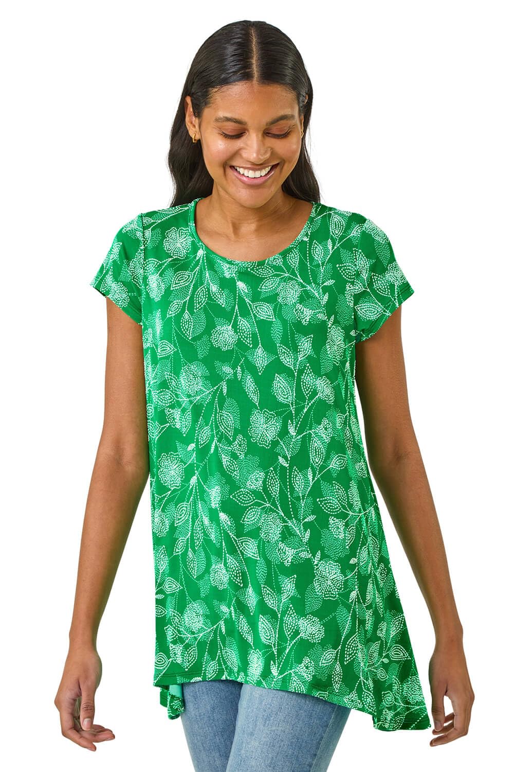 Roman Originals Women's Green Floral Hanky Hem Tunic Top For Uk - Longline Blouse Asymmetric Hemline Short Sleeves Casual Slouch Loose Summer Spring Relaxed Comfortable - Size 12
