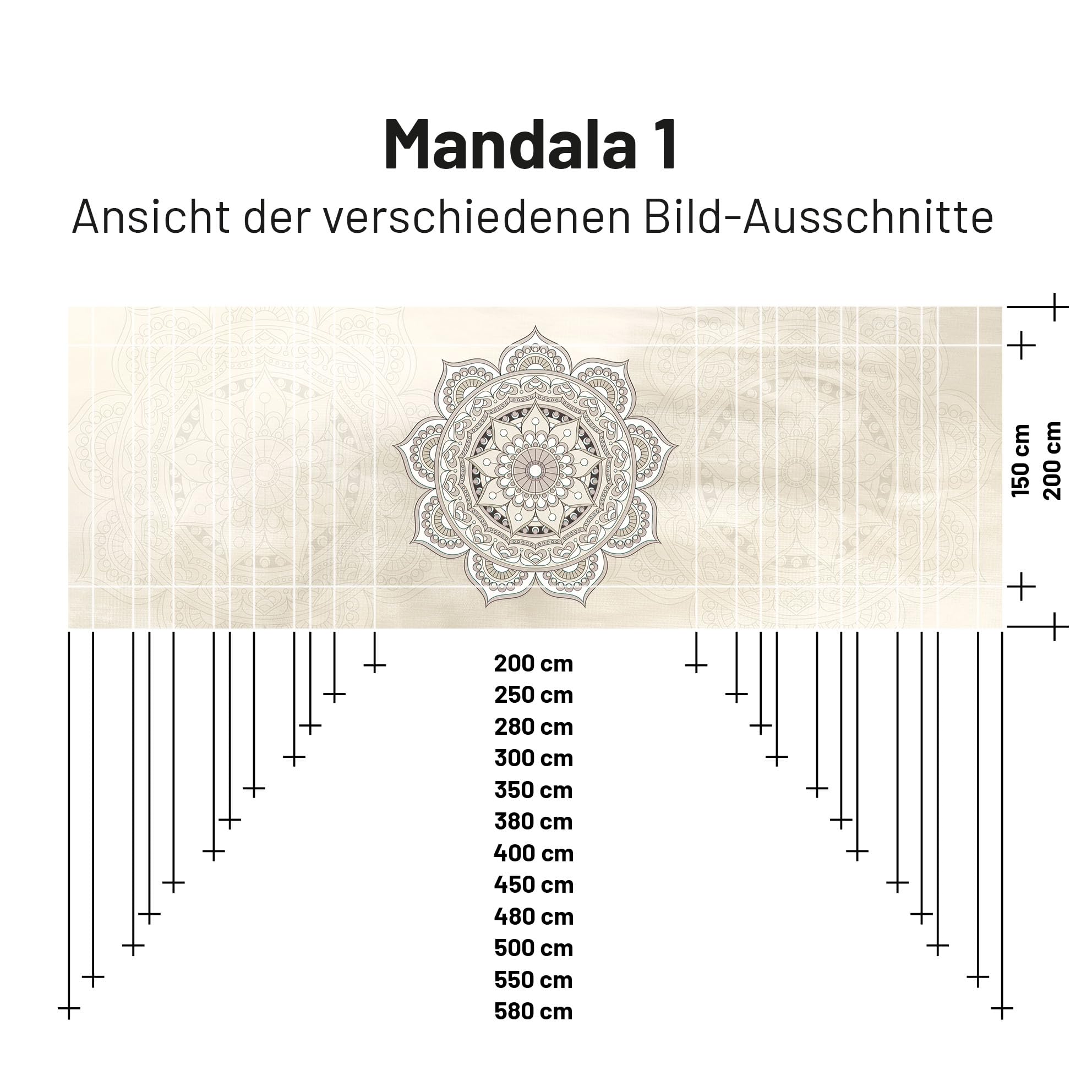 Textil Sonnensegel Mandala Beige | Höhe 200cm | hochwertiger Fotodruck inkl. Keder-Befestigung | Markisen-Vorderwand - Länge/Keder: 350cm / 5 mm Keder