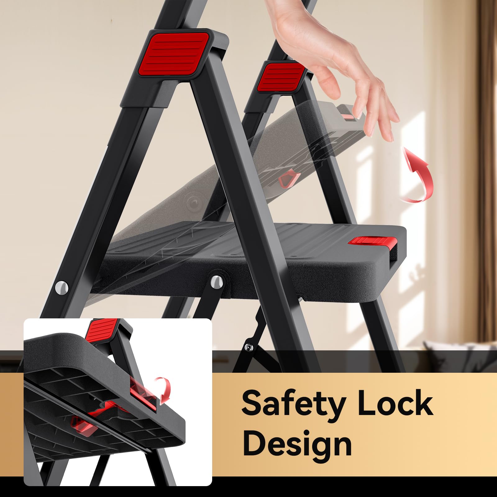 KINGRACK Escabeau 3 marches Aluminium, Escabeau Pliant avec Main Courante, Escabeau ménager