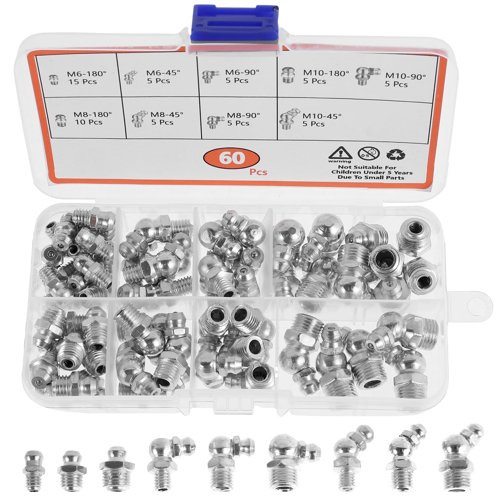 LYDODOKA 60Pcs Metric Grease Fittings Kit, Hydraulic Grease Zerk Assortment Kit, 45 90 Degree Grease Gun Fittings, M6 M8 M10 Straight and Angled Grease Zerk Kit for Grease Guns Mechanical Lubrication