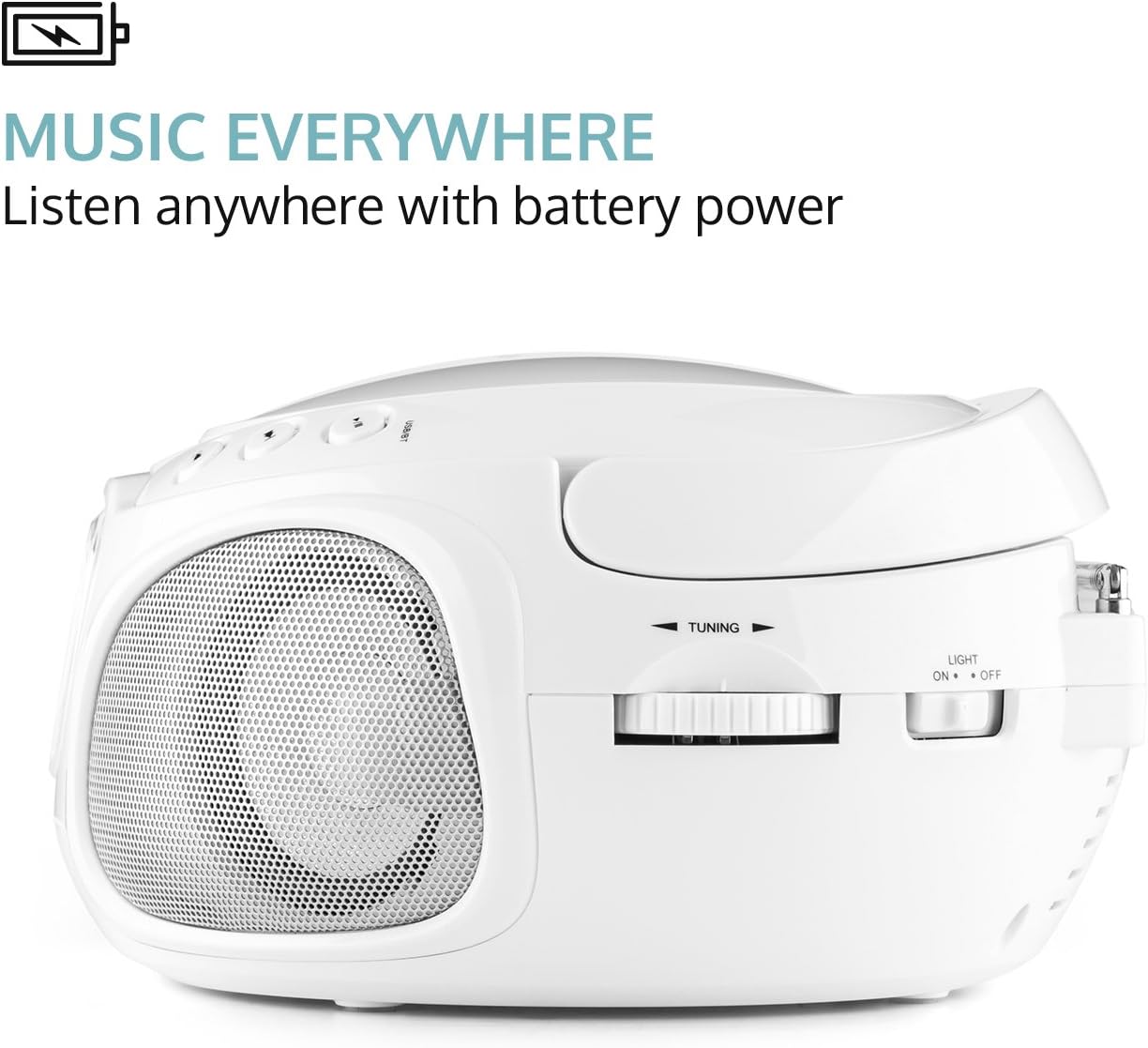 Bag view of the AUNA Roadie KIDS Boombox showing the extendable antenna and input/output ports