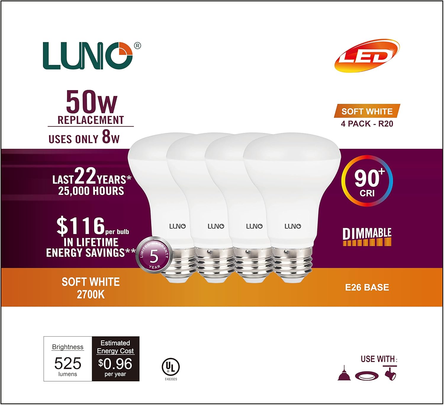 LUNO R20 Dimmable LED Bulb, CRI 90+, 8W (50W Equivalent), 525 Lumens, 2700K (Soft White), Medium Base (E26), UL & ENERGY STAR (4-Pack)
