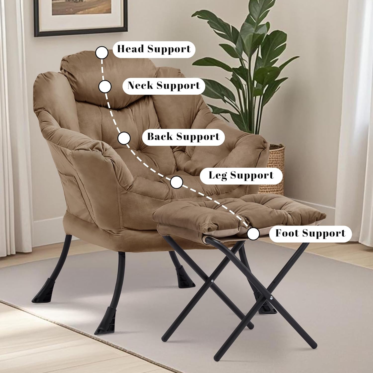 Lazy Chair with Ottoman, Comfy Reading Chair, Brown | Cushioned Seat with Foldable Ottoman and Side Pocket, Lounge Chair for Bedroom, Living Room, Dorm and Small Spaces