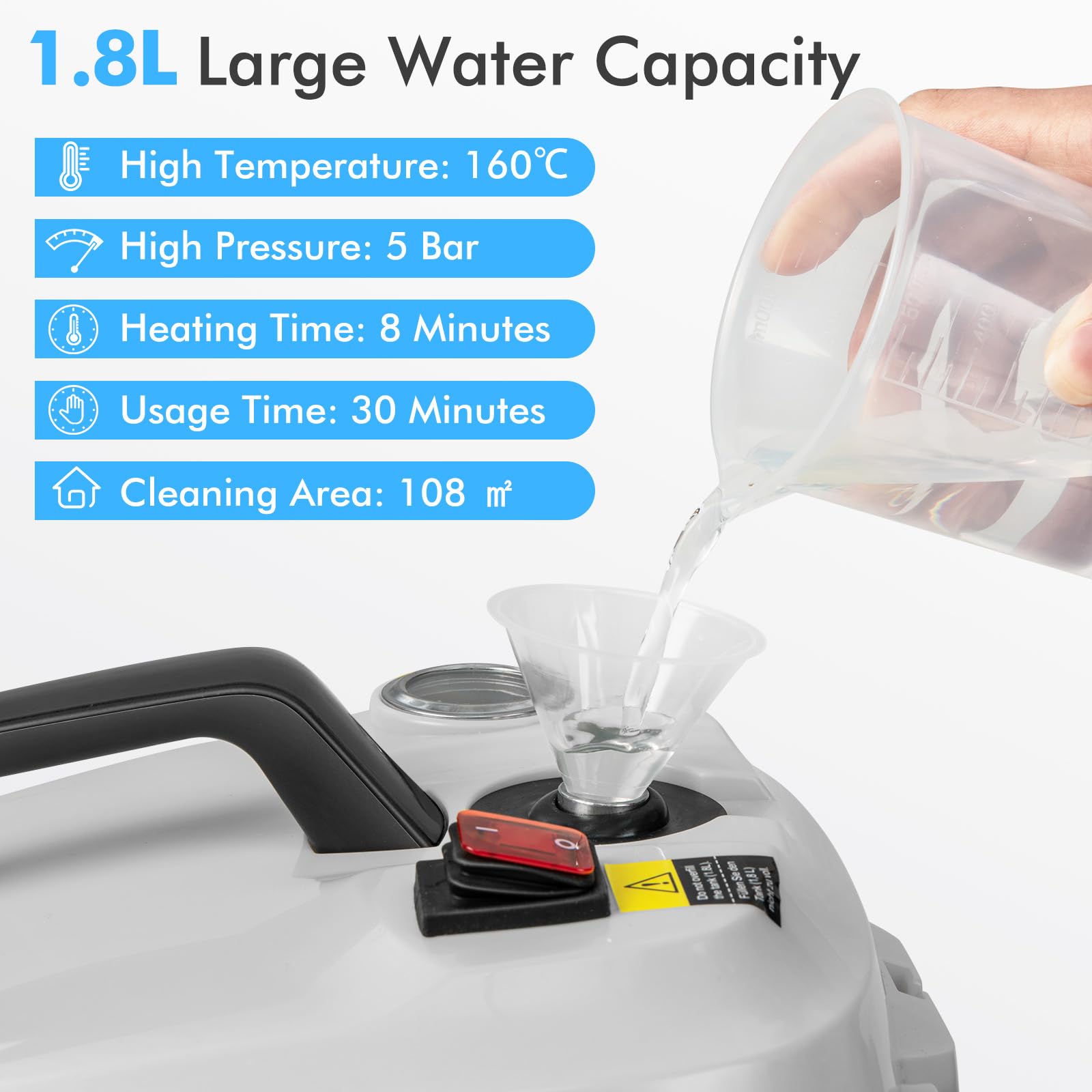 FANTASK Steam Cleaner - Limpiador de vapor (2000 W, incluye 13 accesorios y cable de alimentación de 5 m, presión de vapor: máx. 5 bar, temperatura de hasta 160 ℃, potencia: 108 m², depósito de 1,8 L