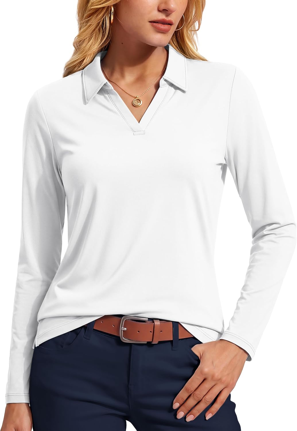TACVASEN Women's Polo Shirts Long Sleeves Golf Tops V Neck Collared Shirt