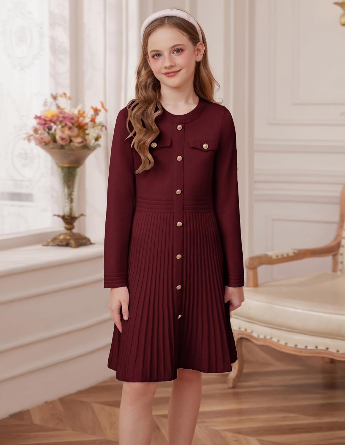 GRACE KARIN Girls Sweater Fall Dress Long Sleeve Knit Button Front Pleated A-Line Casual Winter Midi Dresses 5-14Y - Image 3