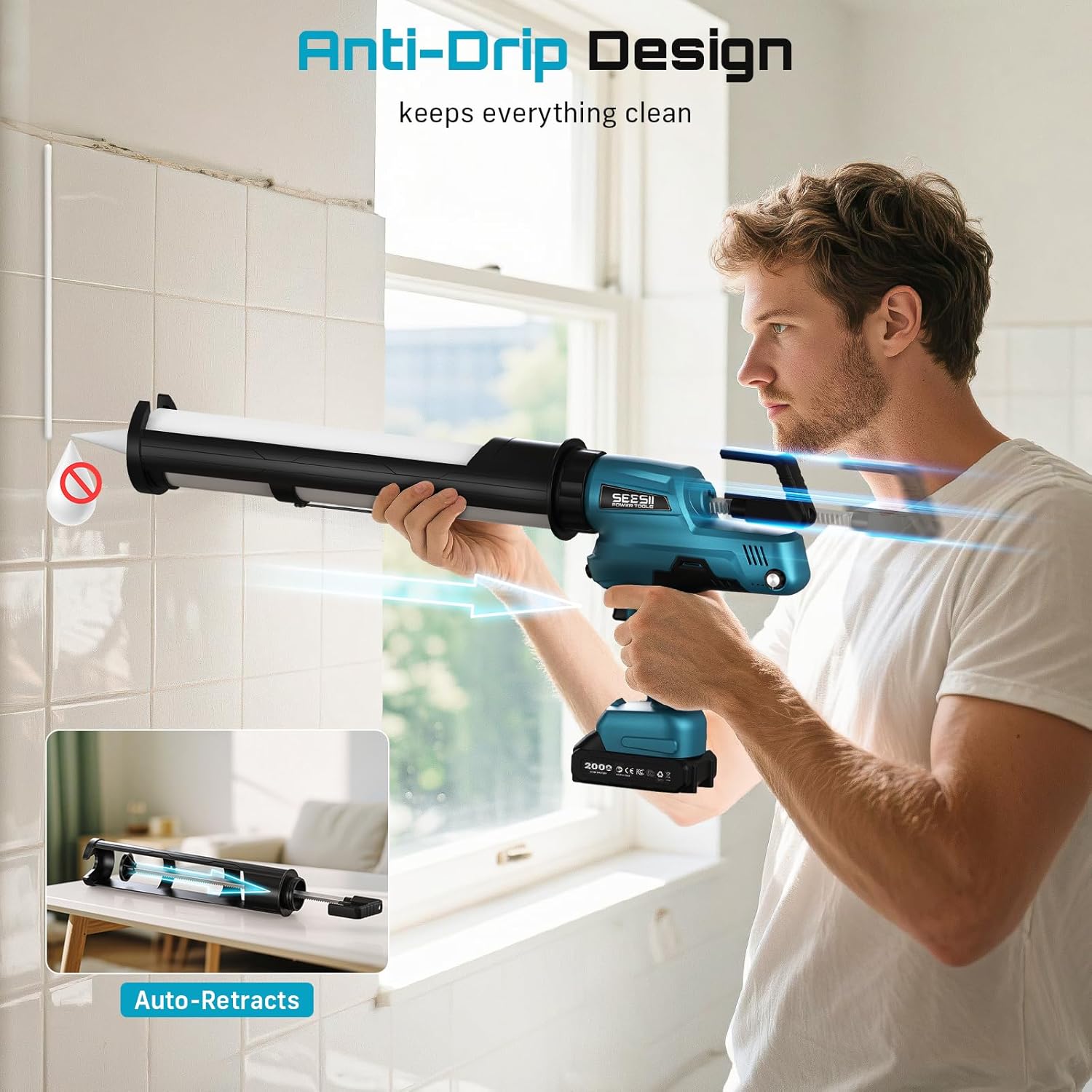 A man using the electric caulking gun in a dimly lit area, with the built-in LED light illuminating the application point.