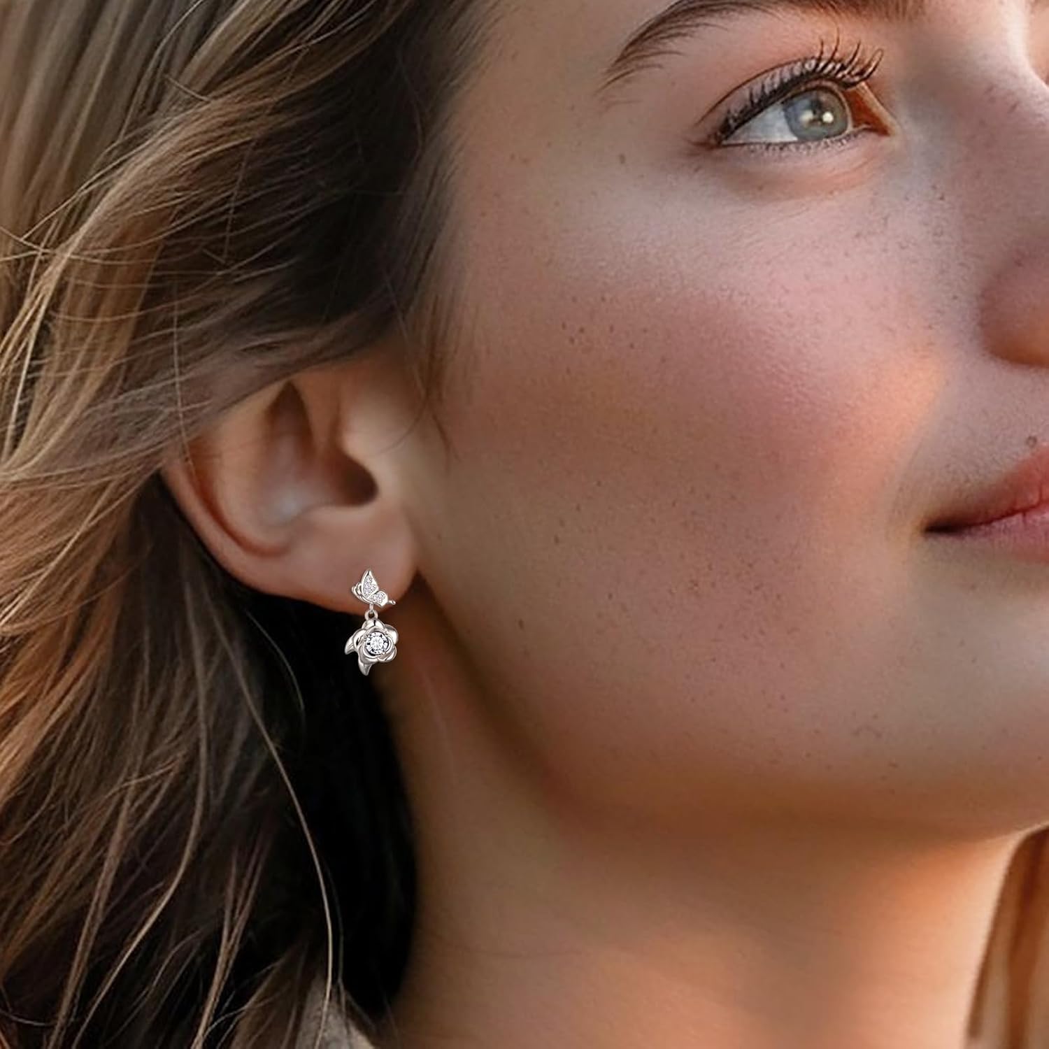Jewmon Valentines Day Gifts for Her Butterfly Rose Flower Earrings for Women 925 Sterling Silver Rose Butterfly Birthstone Earrings Stud Birthstone Jewelry Gifts for Wife Girlfriend Mom - Image 3