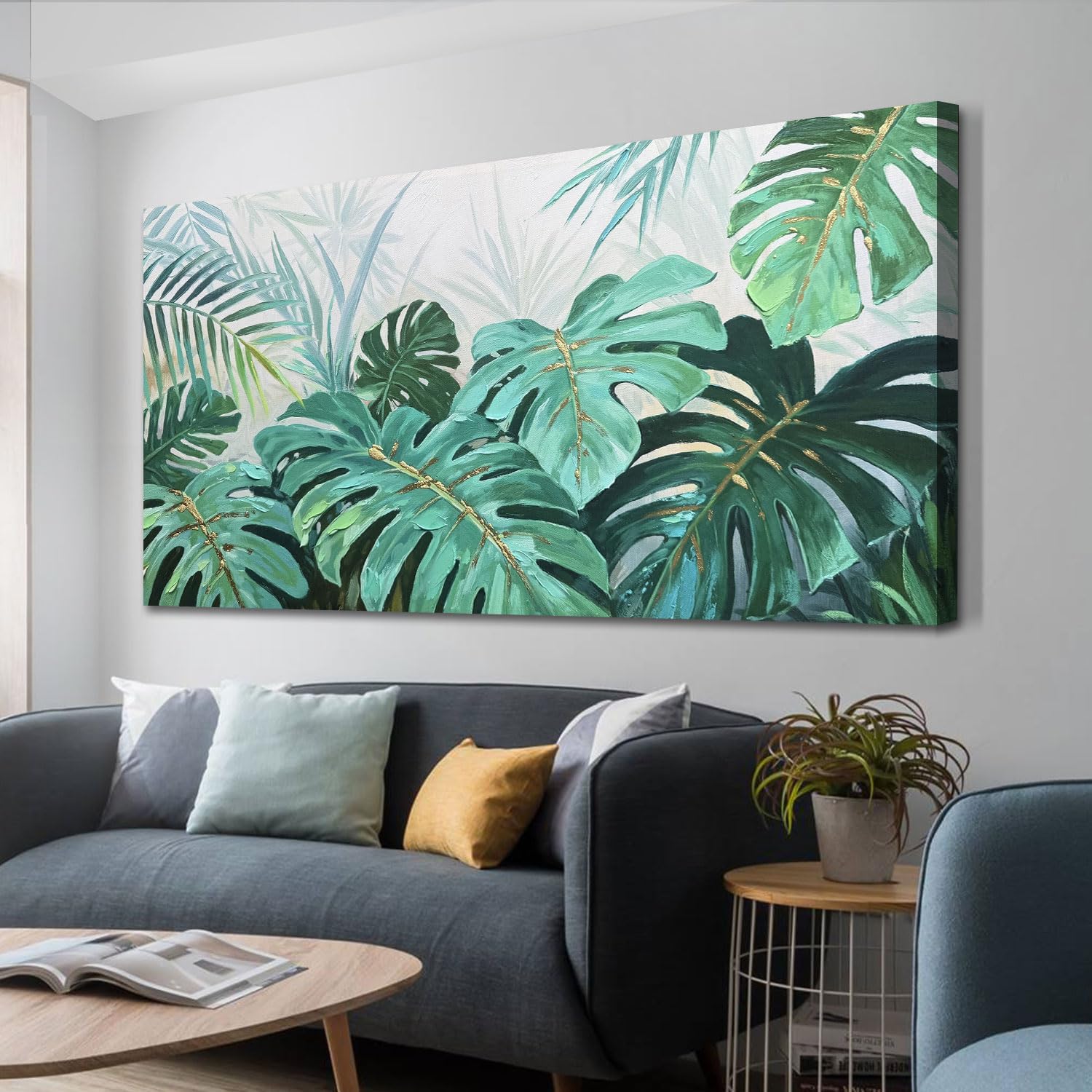 Enartly Tropical Green Leaf Canvas Wall Art Monstera Palm Leaf Painting Jungle Plant Botanical Picture Nature Artwork Print Framed for Living Room Bedroom Bathroom Office Home Decor, Large 40"x20" 40"L x 20"W Green leaf