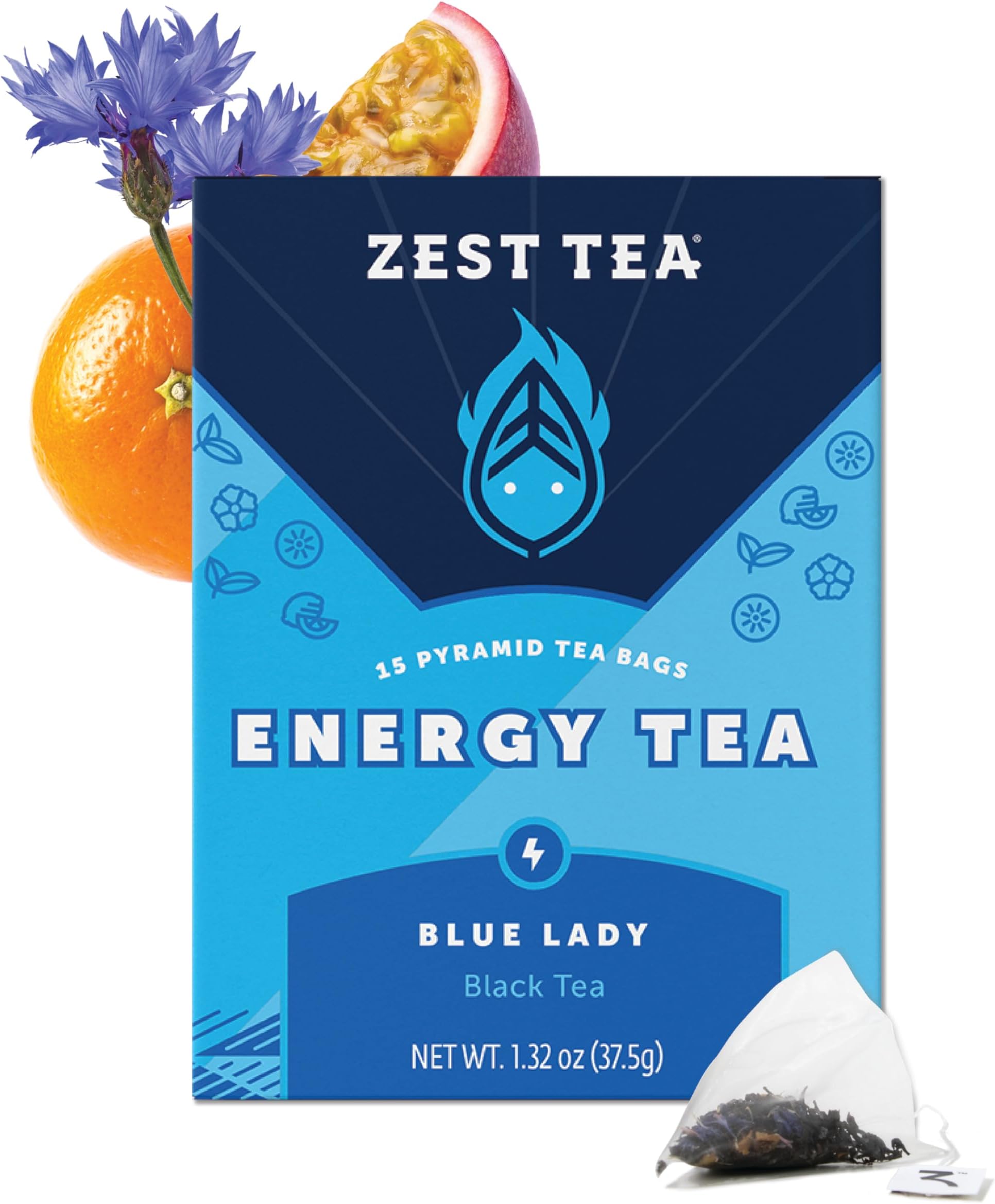 Energy Tea Bags – Blue Lady Passion Fruit Black Tea – High Caffeine Tea for Morning Energy, Focus & Clarity – Natural Caffeinated Tea with 150mg Caffeine – 15Ct Box – Non-GMO & Keto Friendly