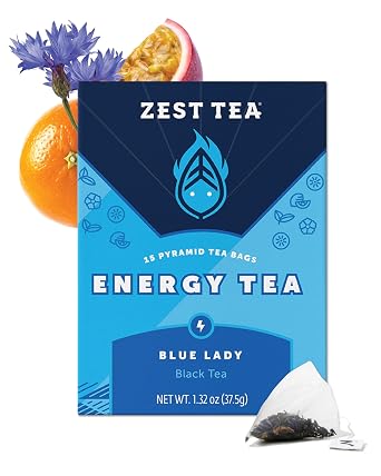 Zest Energy Tea Bags Blue Lady Passion Fruit Black Tea High Caffeine Tea for Morning Energy, Focus & Clarity Natural Caffeinated Tea with 150mg Caffeine 15Ct Box Non-GMO & Keto Friendly