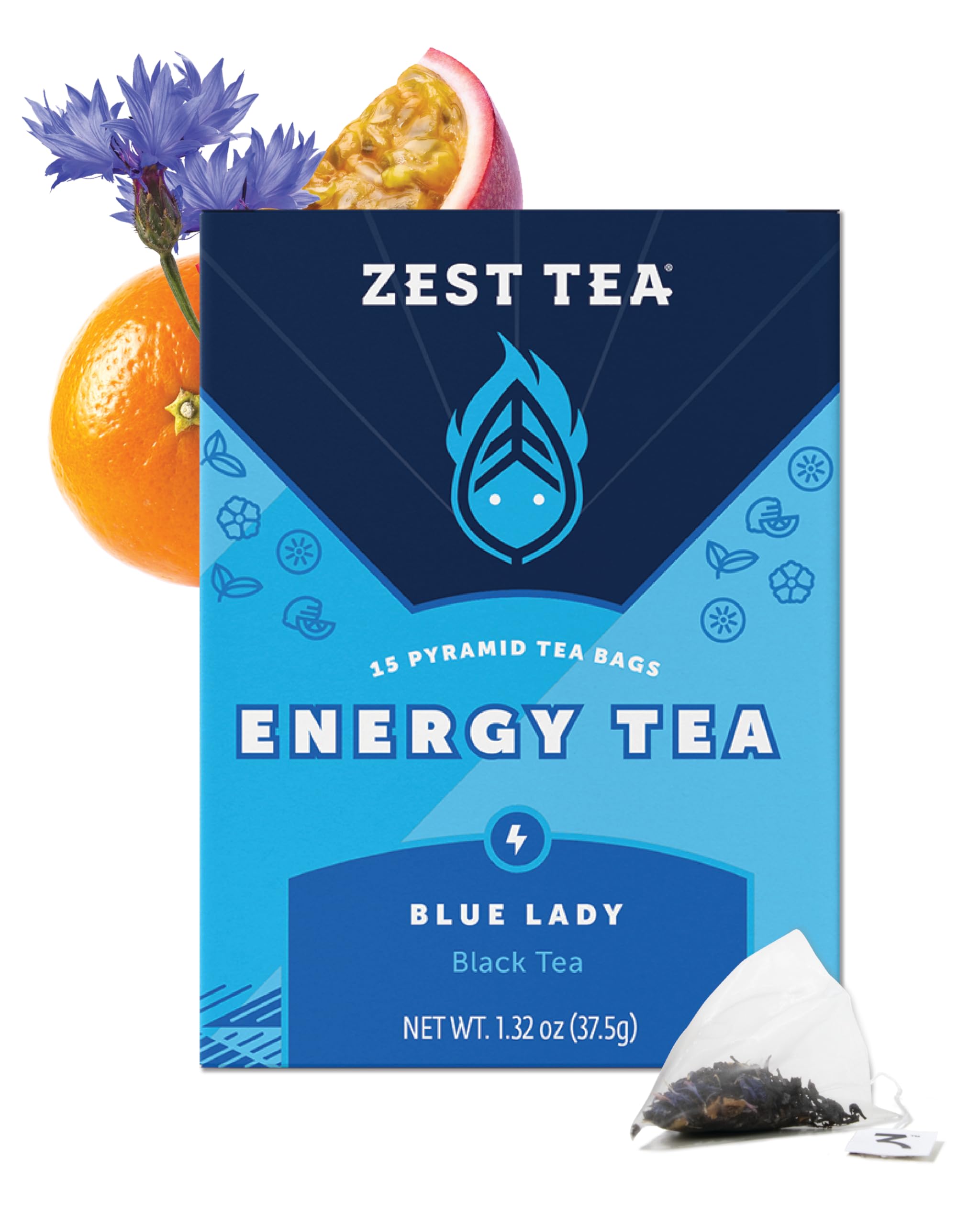 Zest Energy Tea Bags – Blue Lady Passion Fruit Black Tea – High Caffeine Tea for Morning Energy, Focus & Clarity – Natural Caffeinated Tea with 150mg