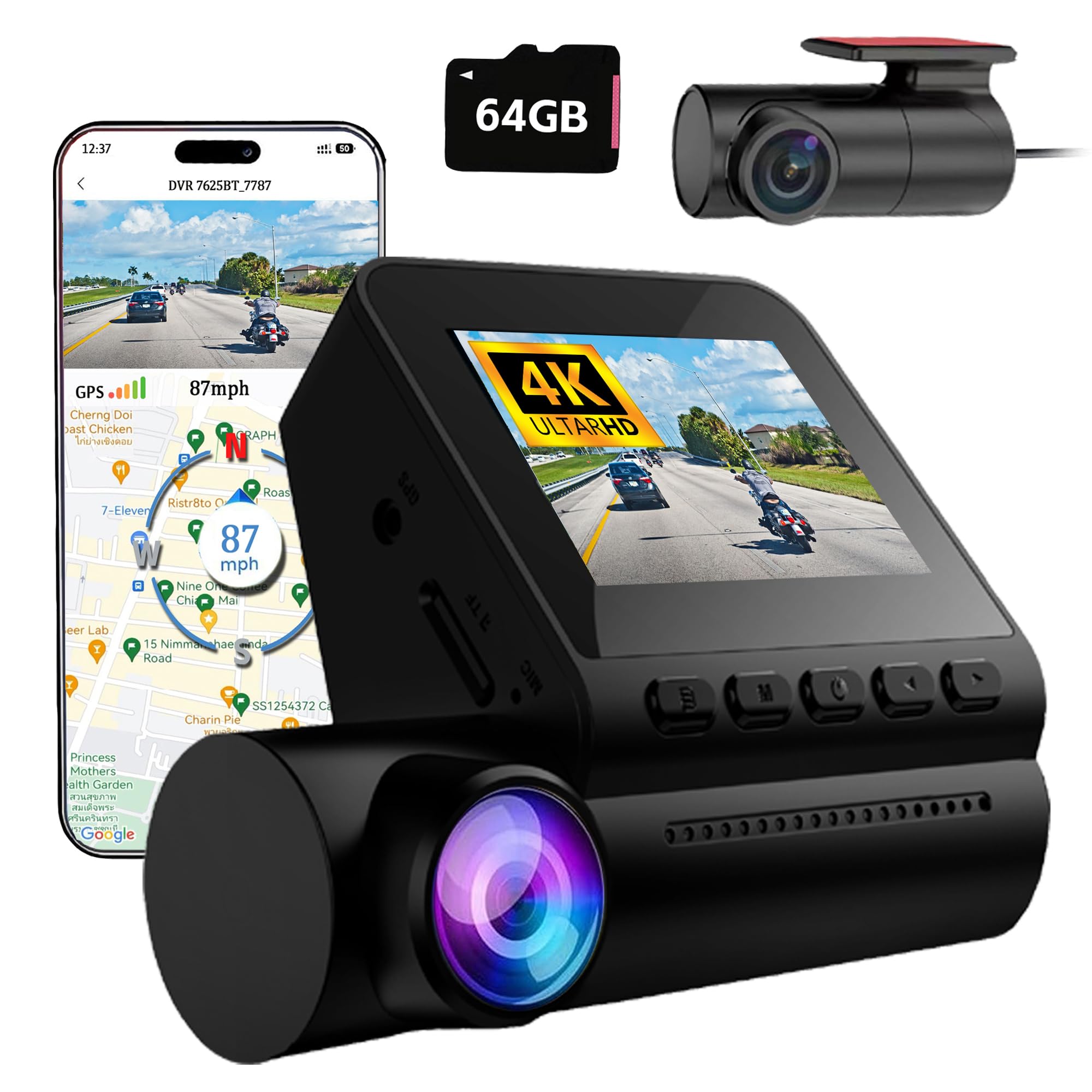 CruGEos Dash Cam Front Rear, 4K dashcam Front and Rear Camera with Night Vision, Free 64GB Card and Hardwire Kit, G-Sensor, Built-in Wi-Fi GPS,Loop Recording,24 Parking Surveillance