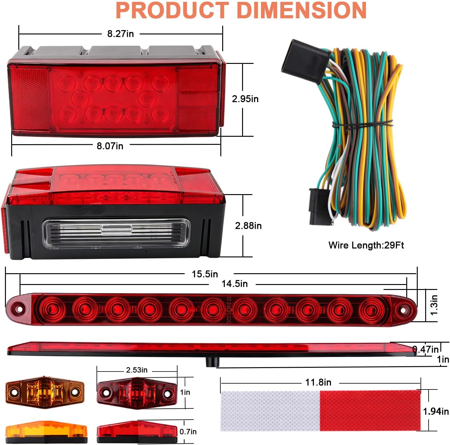 Submersible LED Trailer Tail Light Kit, Rectangular Trailer Lights+ID Bar+6 Markers, Combined Stop Turn License Plate Running Lamps with 29FT Wiring Harness Reflective Stickers, 12V